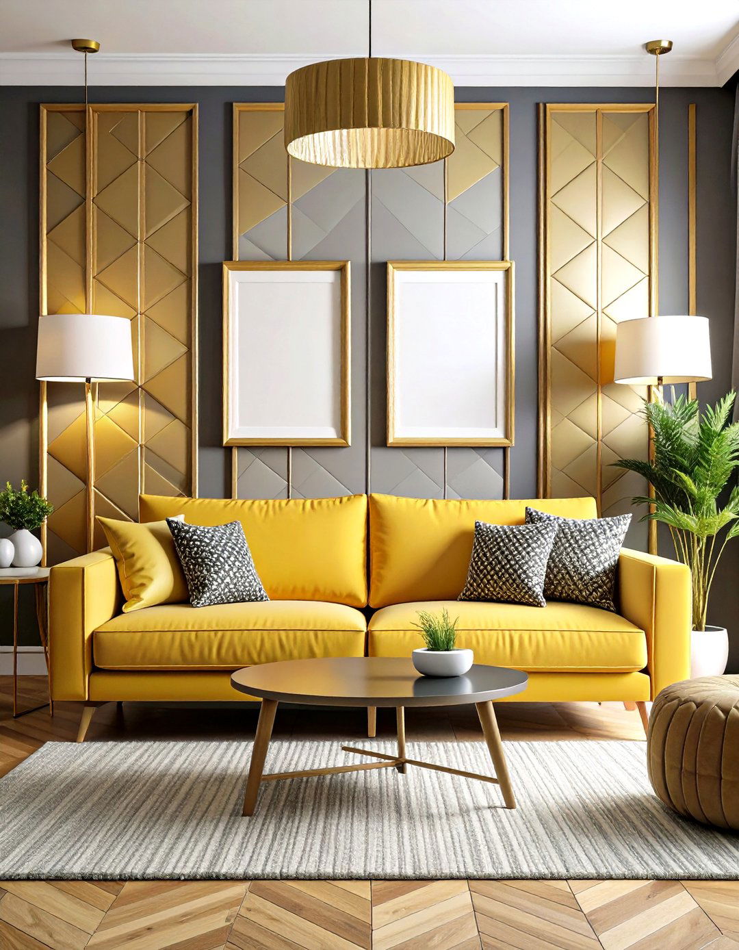 Geometric Pattern White Gold Living Room - 24 White and Gold Living Room Ideas