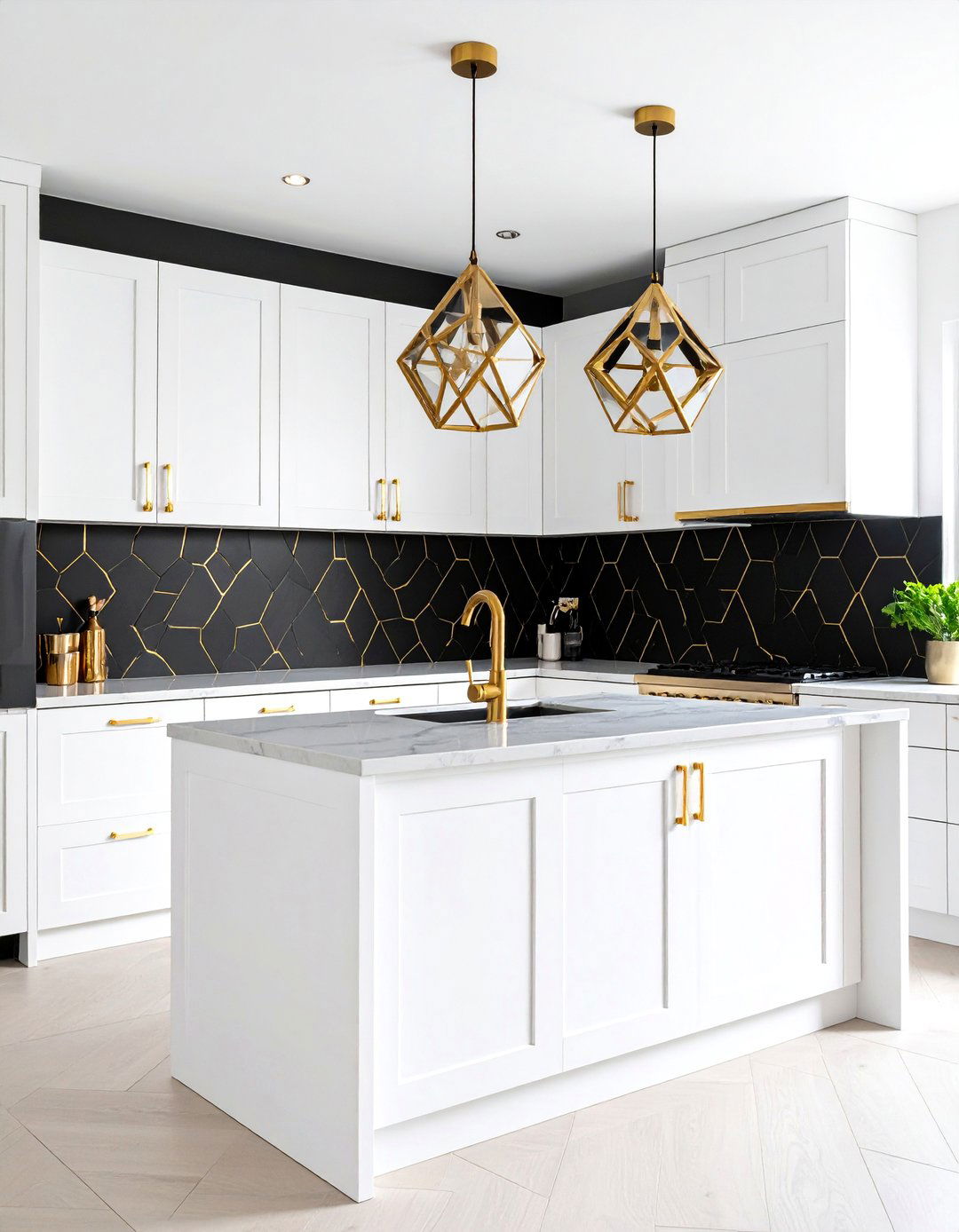 Geometric Patterns with Black and Gold Tilework - 24 black white and gold kitchen ideas