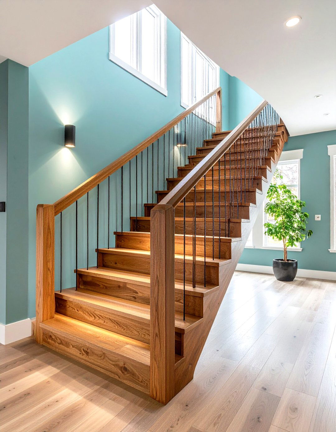 Geometric Prairie Style Staircase with Walnut Handrails - 24 Prairie-style Interior Design Ideas