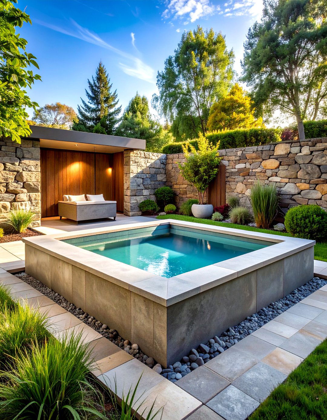 Geometric Sunken Spa with Angular Stone Features - 24 Sunken Hot Tub Ideas
