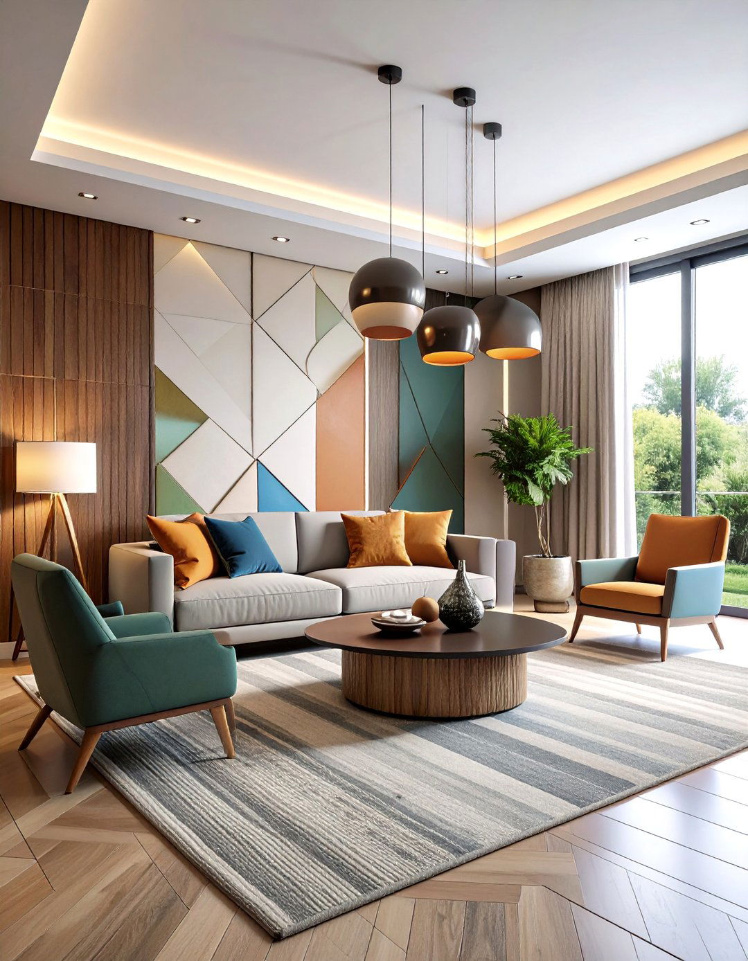 Geometric Wallpaper Feature Wall - 24 70s Living Room Ideas