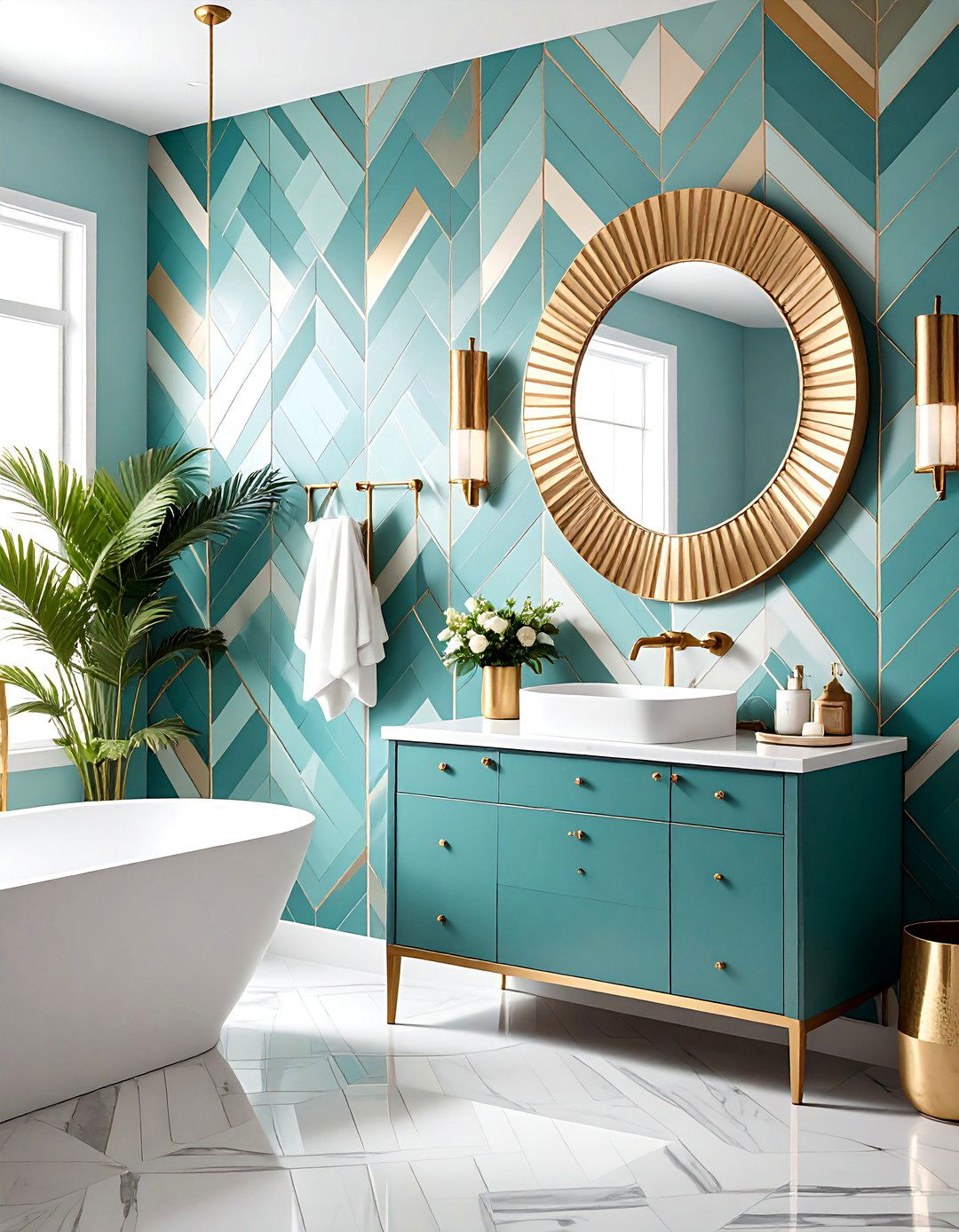 Geometric Wallpaper Powder Room Drama - 24 Art Deco Interior Design Ideas