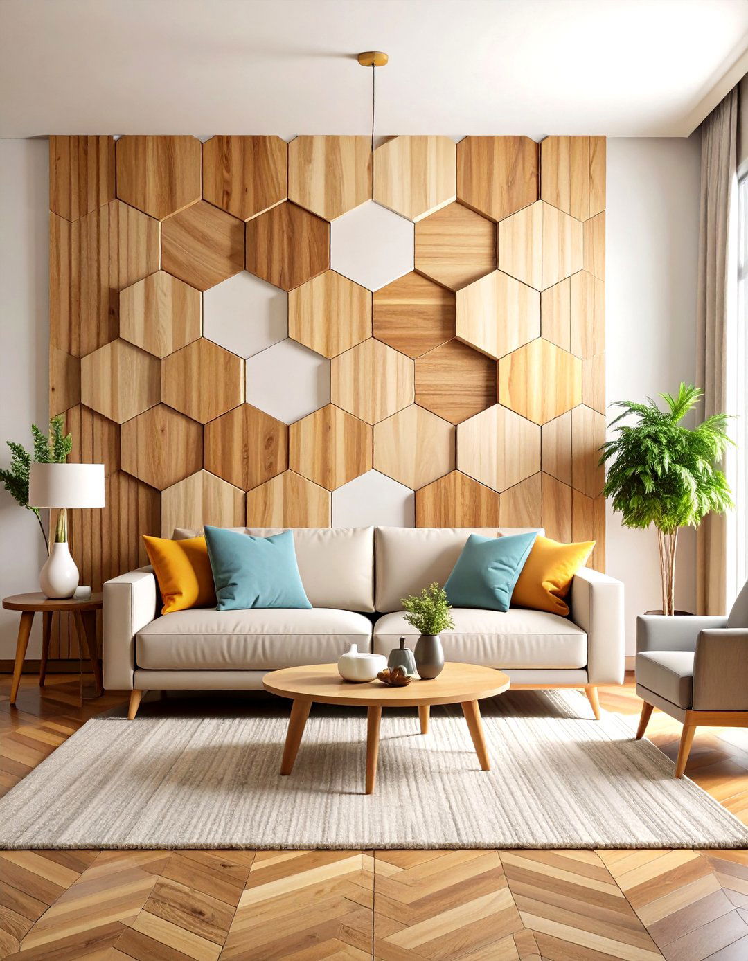 Geometric Wood Panel System - 24 living room wall decor ideas
