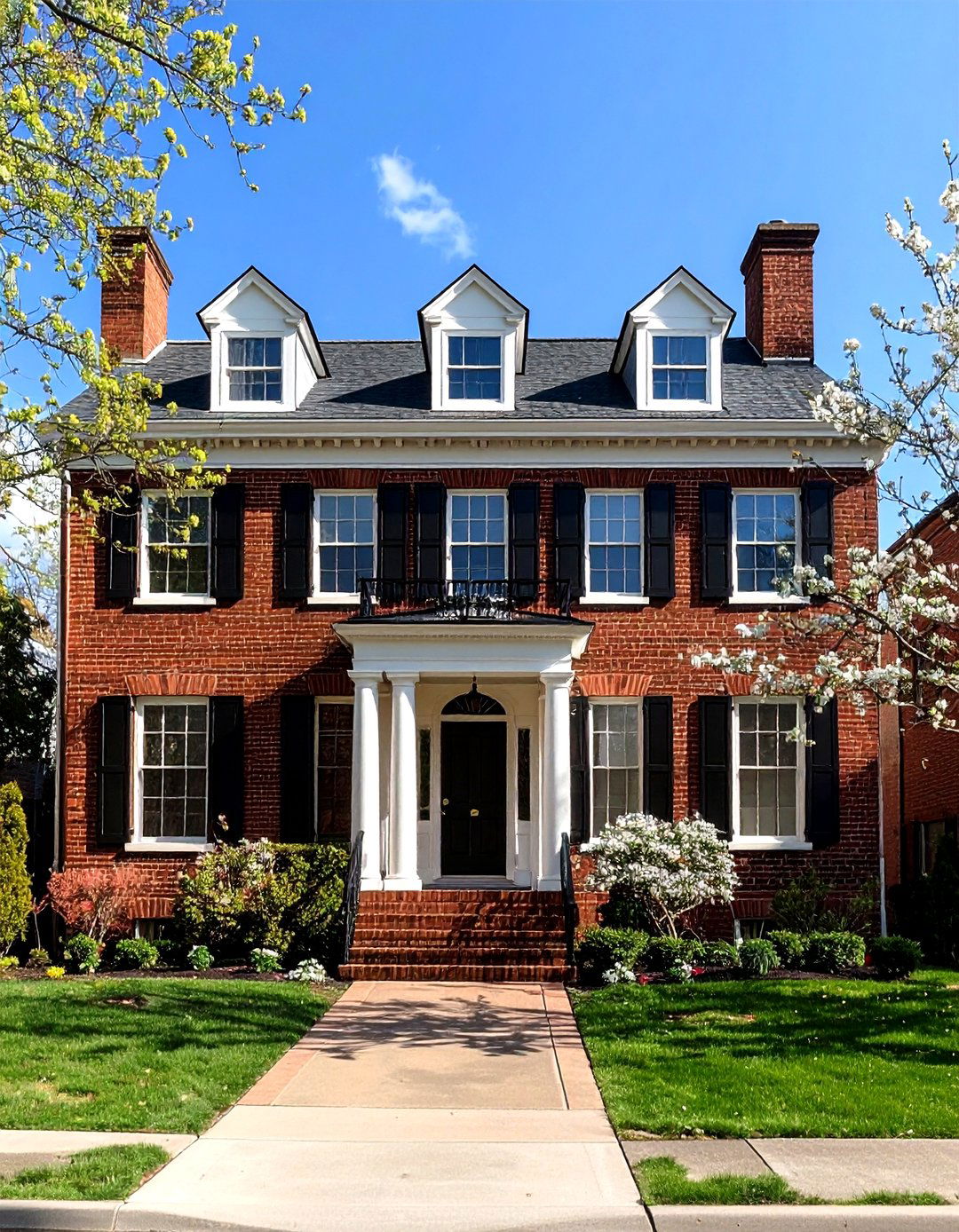 Georgian Brown Brick Symmetry - 24 Dark Brown House With Black Trim