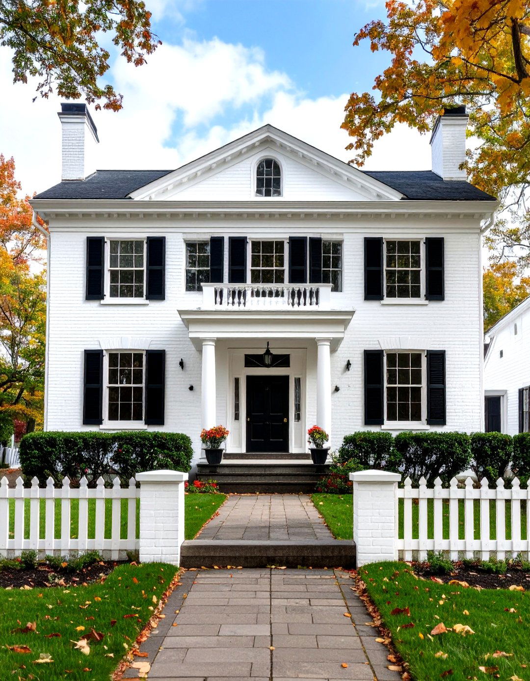 Georgian Colonial with Black Symmetrical Elements - 24 single story white house black trim