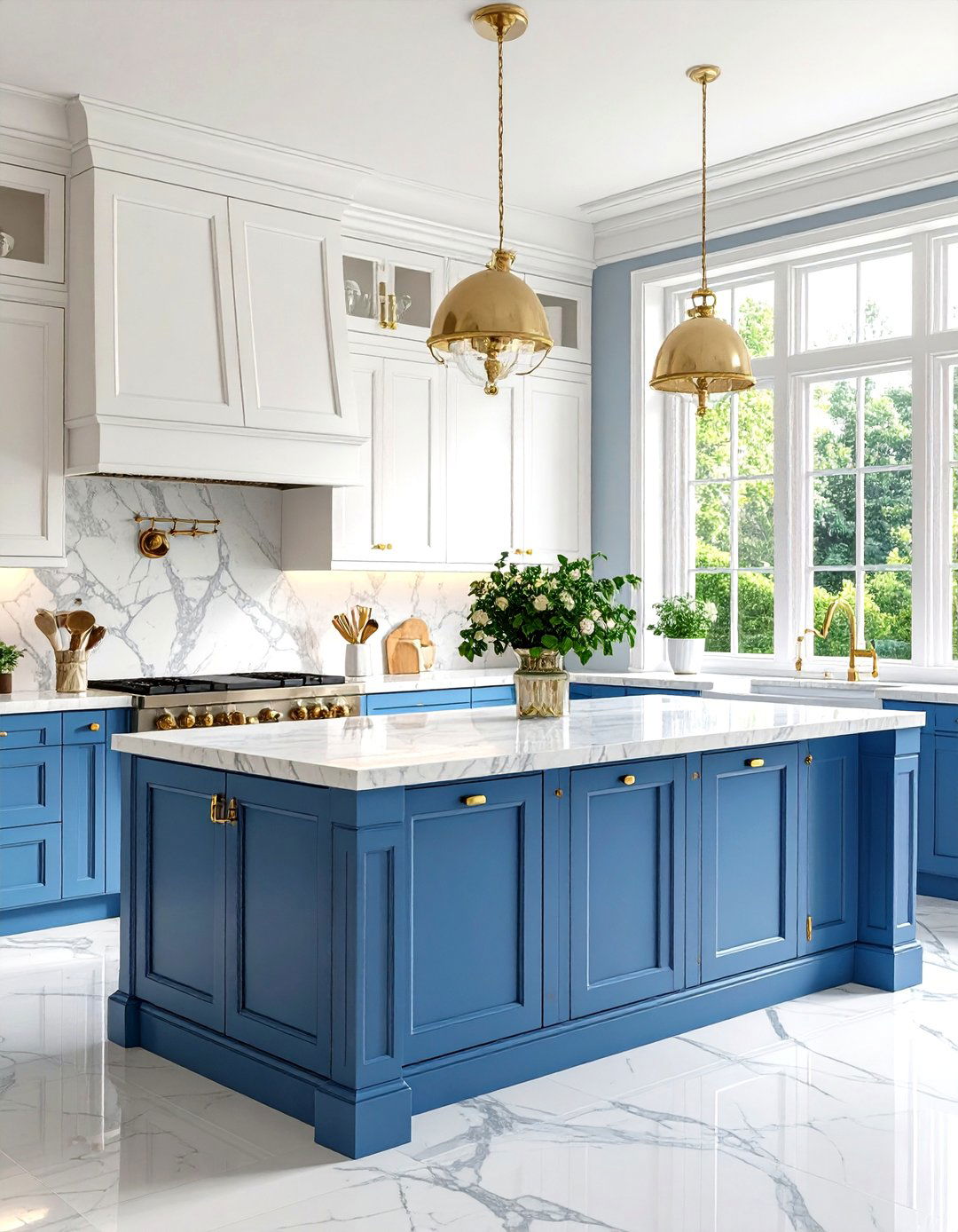 Georgian Style Wedgwood Blue Island - 24 White Kitchen Cabinets With Blue Island