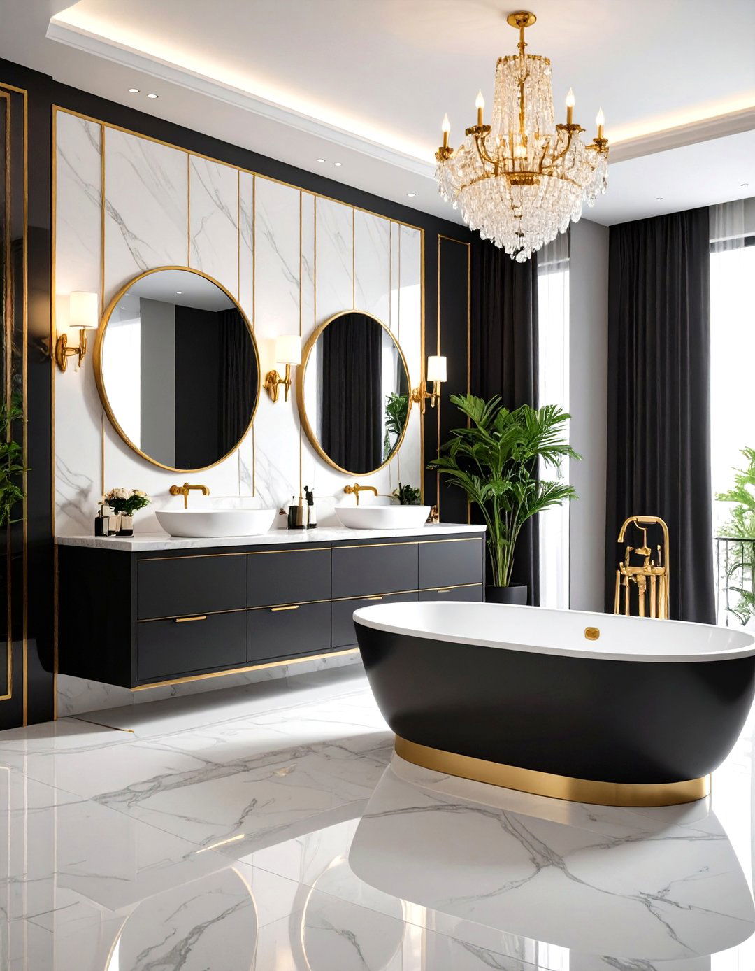 Glamorous Hollywood Regency Windowless Bathroom with Metallic Finishes - 24 Windowless Bathroom Ideas