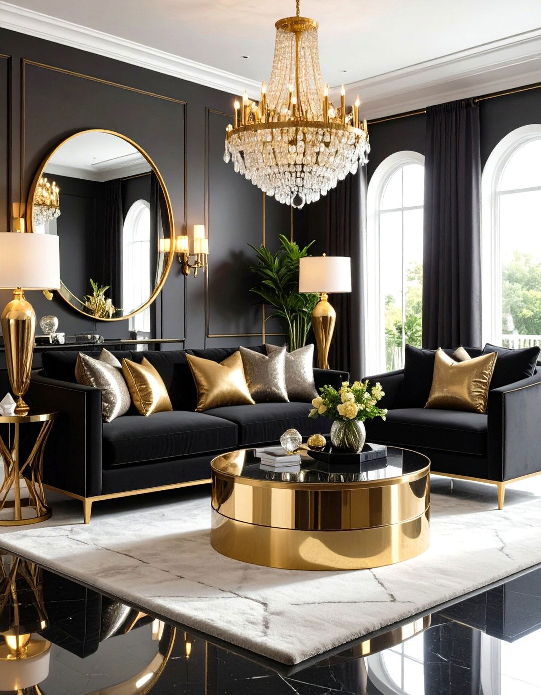 Glamorous Metallic Accents - 24 Living Room Ideas With Black Couches