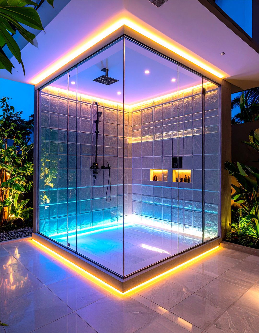 Glass Block Wall with Internal LED Illumination - 24 Small Bathroom Lighting Ideas