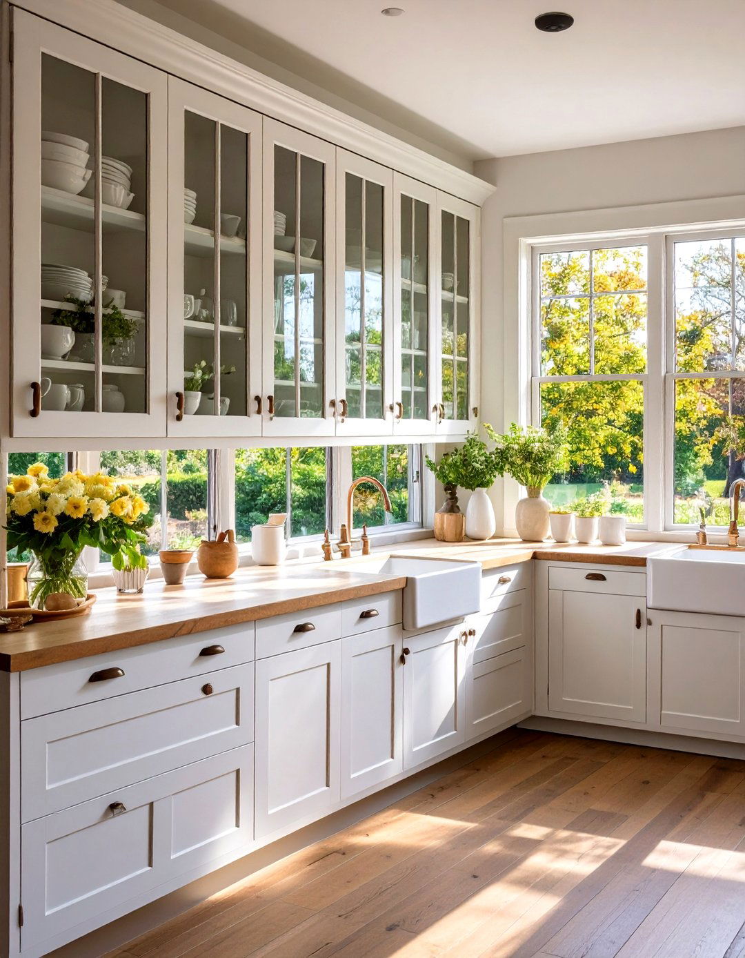 Glass Cabinet Doors - 24 Rustic White Kitchen Ideas