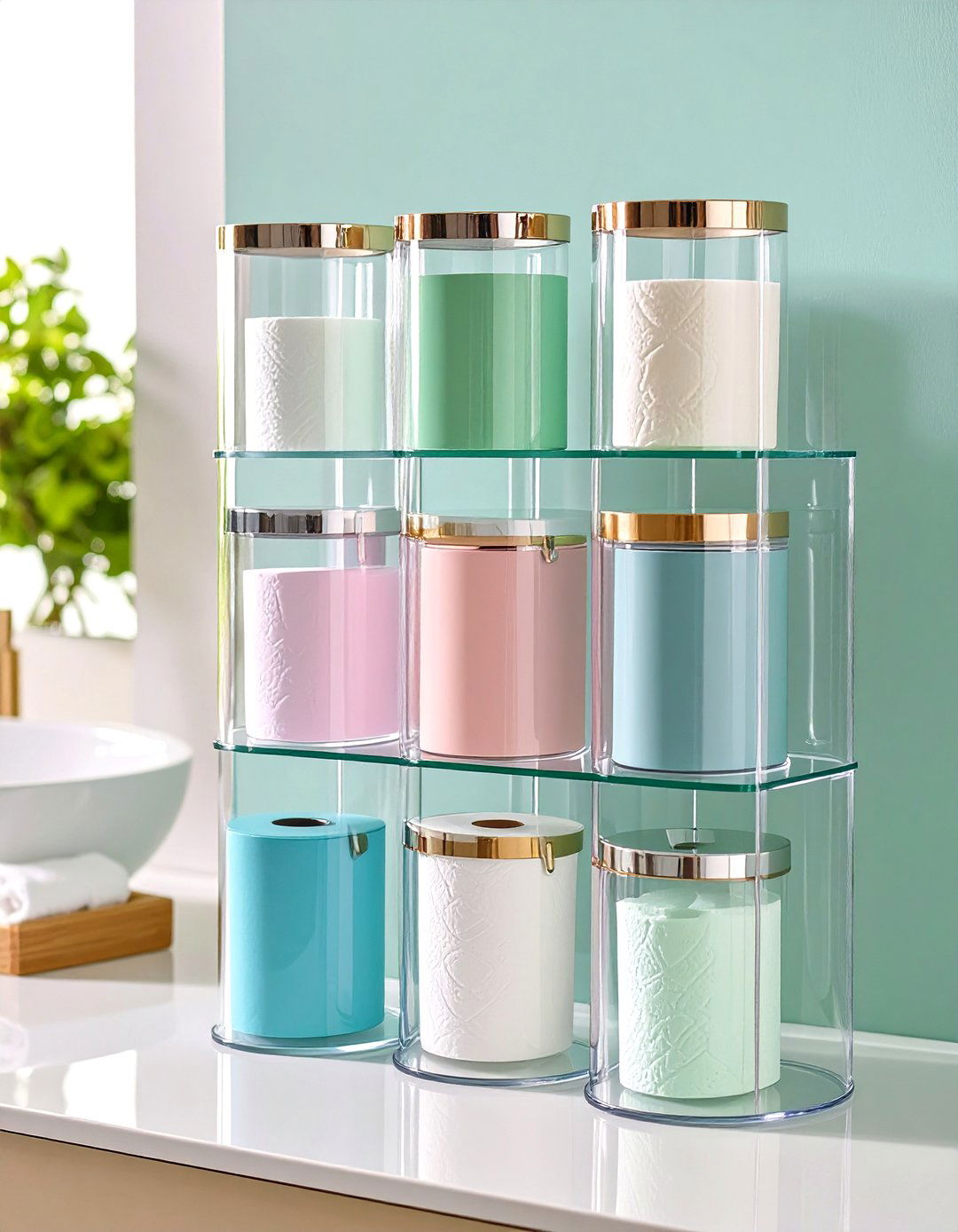 Glass Cylinder Display Storage with Coordinated Lids - 24 Toilet Paper Storage Ideas