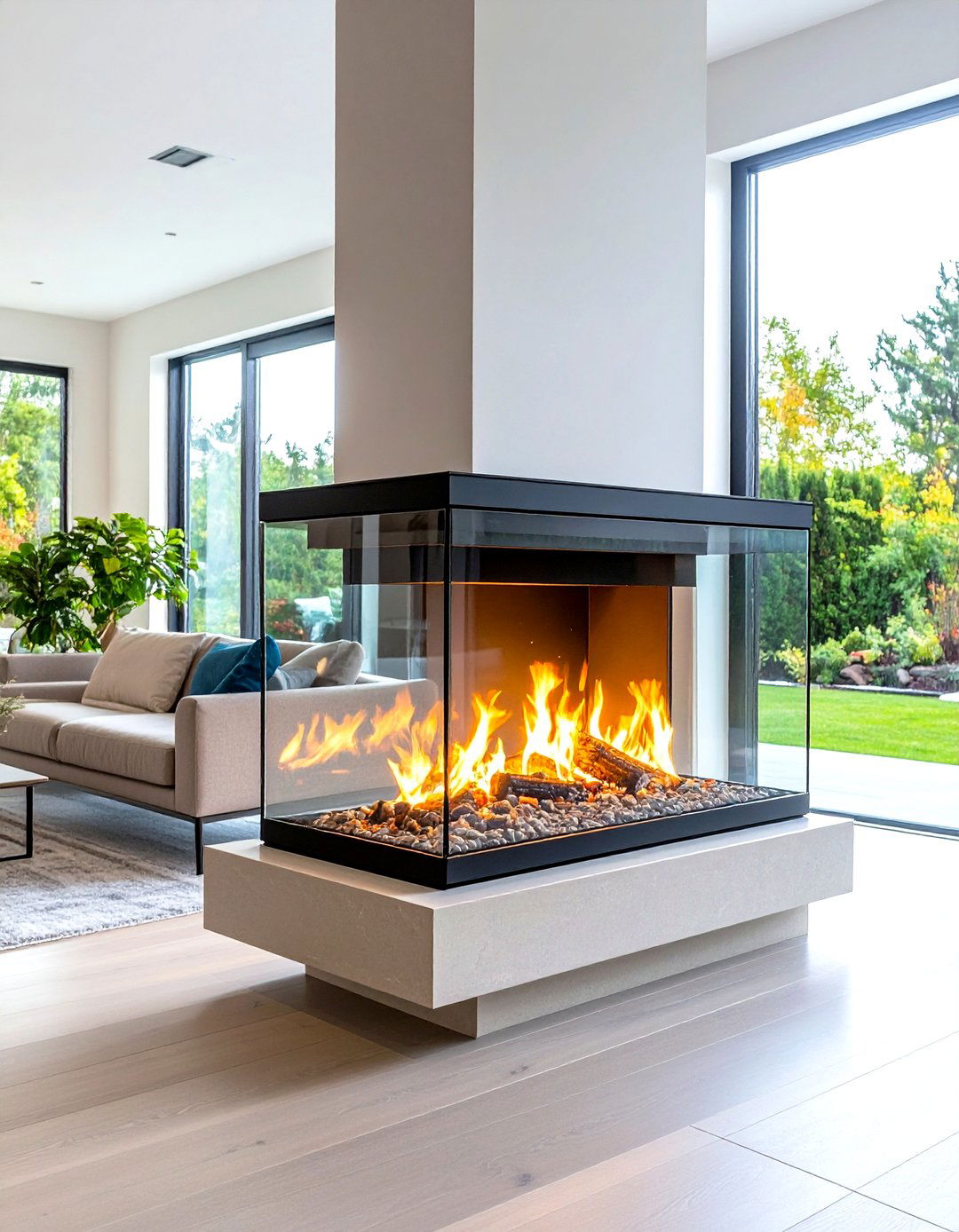 Glass Enclosed Double Sided Safety Fireplace - 24 Mid-century Modern Fireplace Ideas
