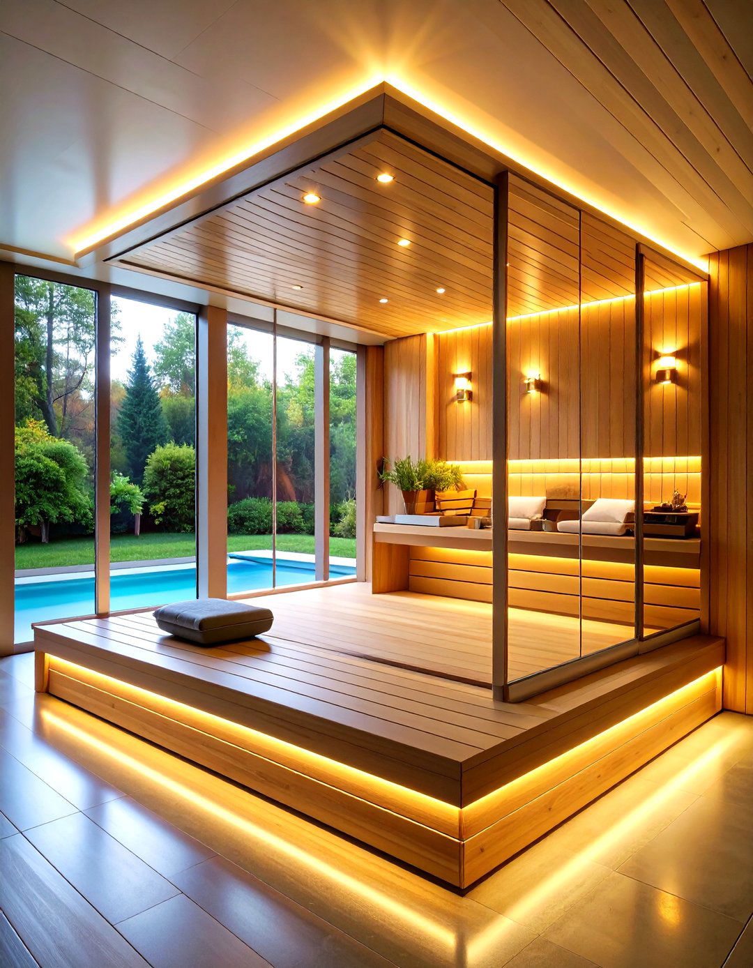Glass Enclosed Modern Sauna with LED Lighting - 24 Sauna Room Design Ideas