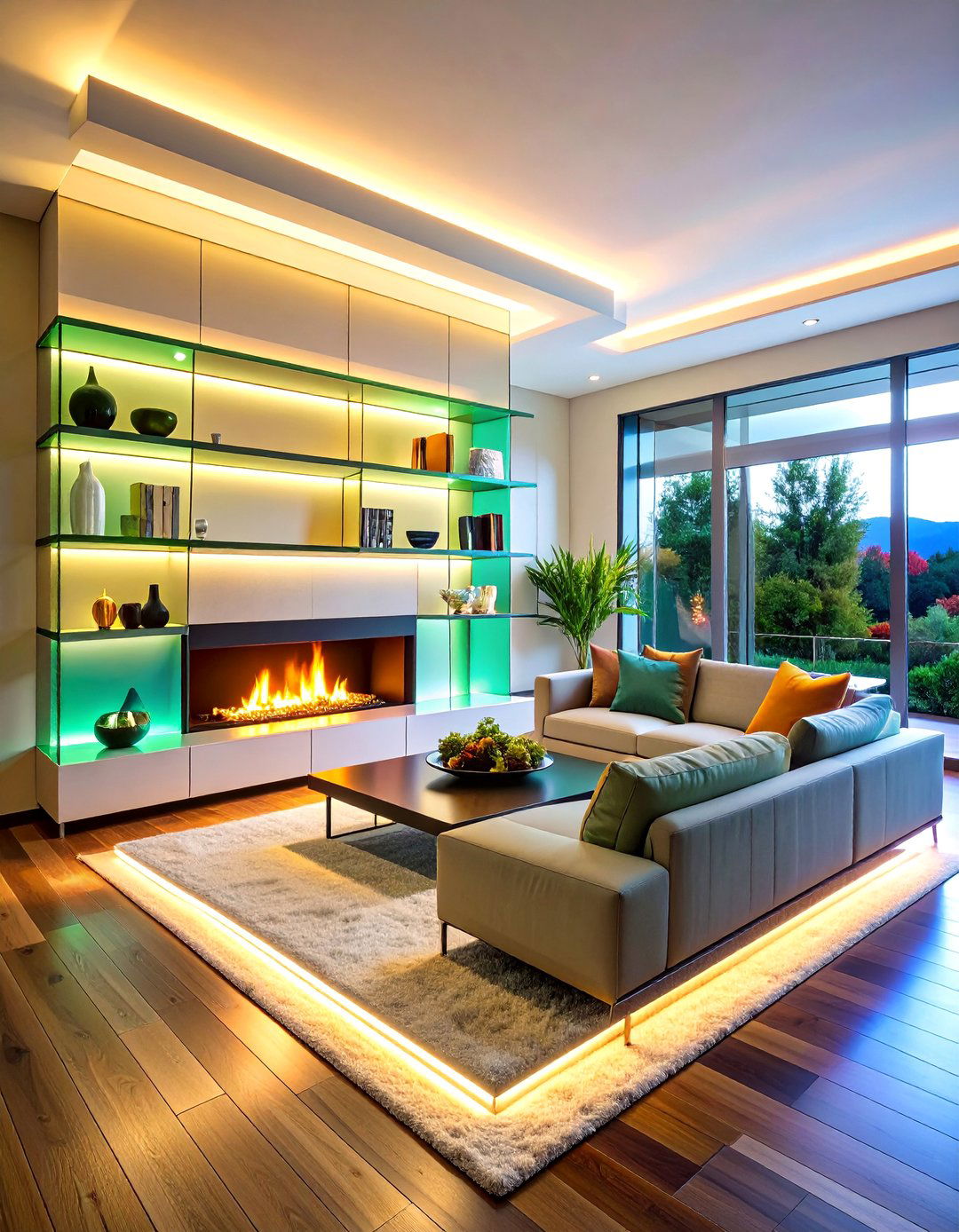 Glass Floating Shelves with LED Strip Lighting - 24 Fireplace Floating Shelves Design Ideas
