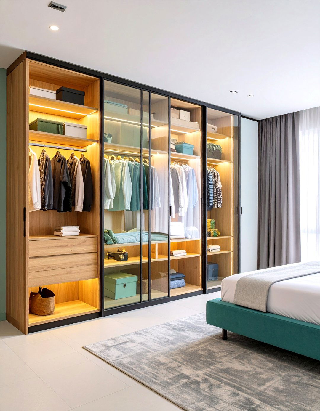 Glass Front Display Wardrobes - 24 Built-in Wardrobe Ideas Around a Bed