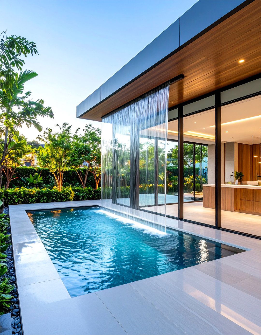 Glass Panel Modern Water Wall - 24 Backyard Waterfall Ideas