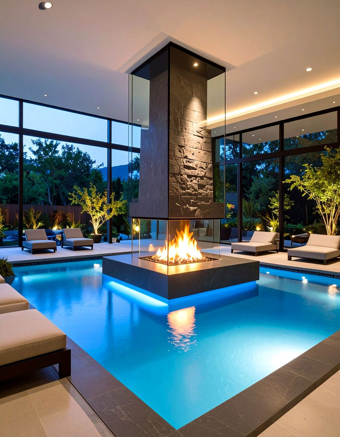Glass Surrounded Modern Fireplace with Water Features - 24 Modern Fireplace Ideas