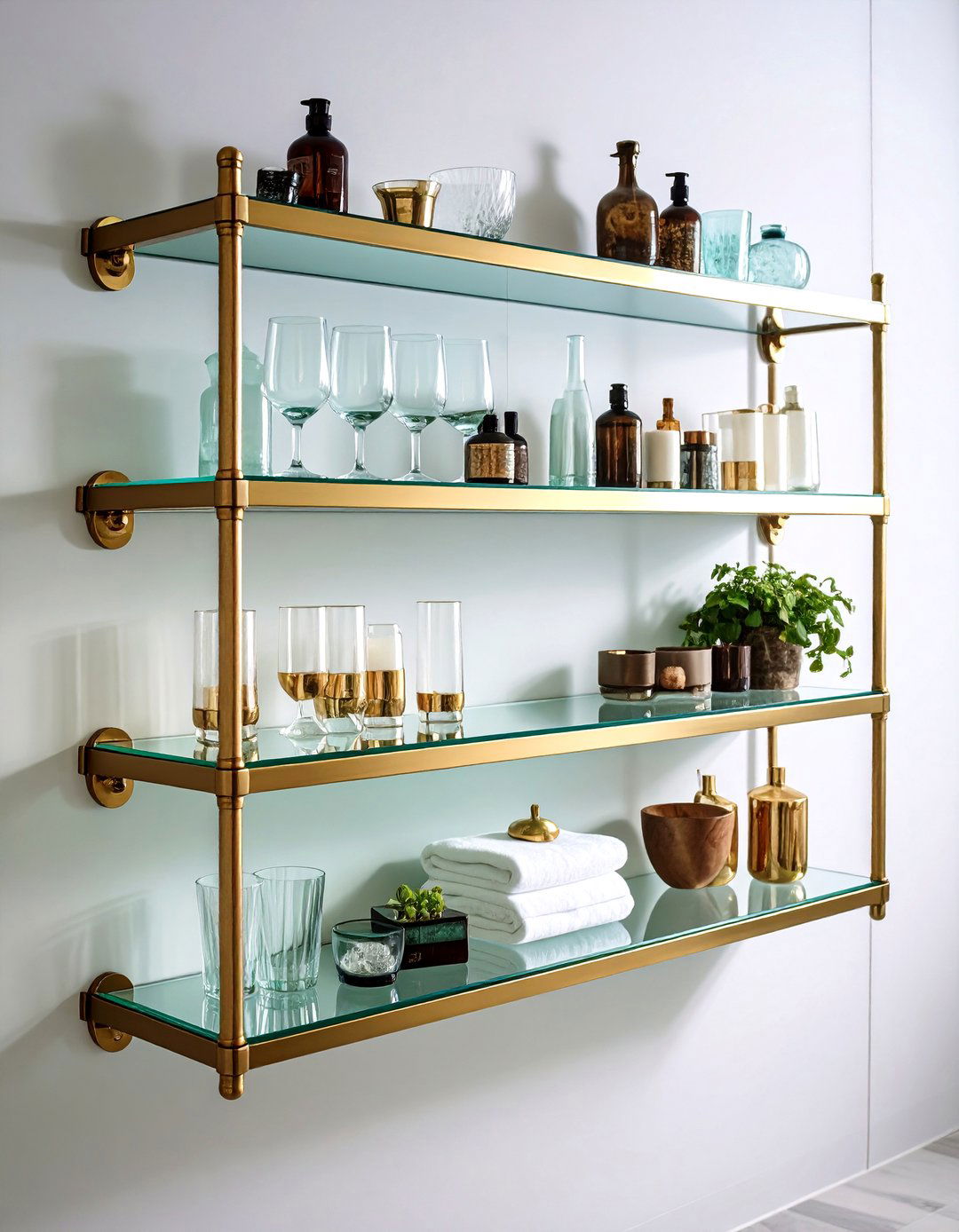 Glass and Brass Luxury Shelves - 24 Floating Shelves Ideas