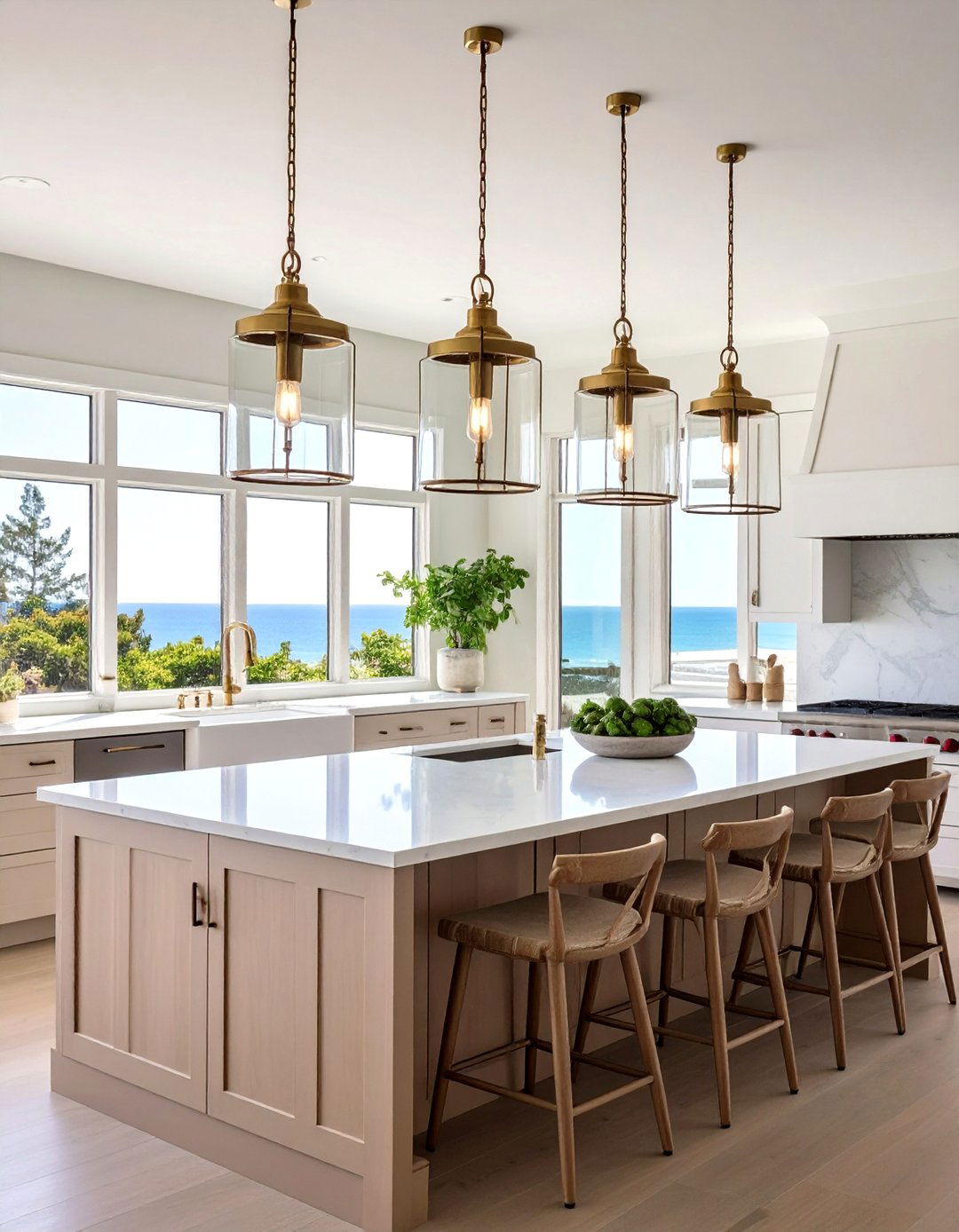 Glass and Brass Pendant Lighting - 24 coastal kitchen ideas