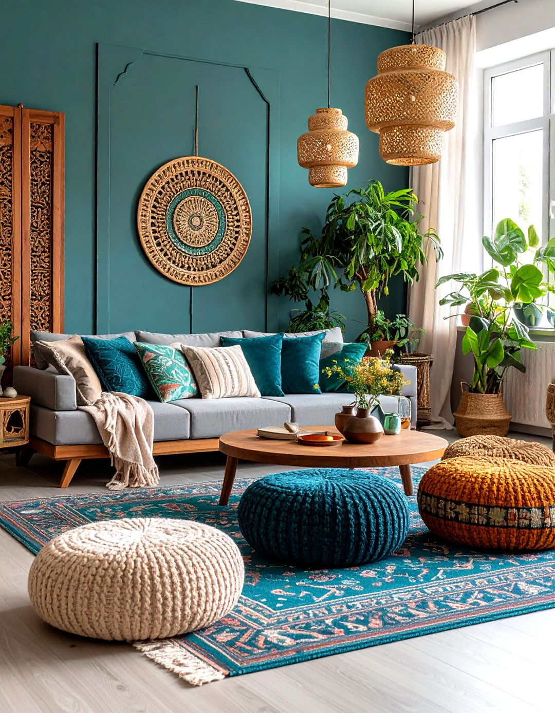 Global Inspired Living Room with Jade and Smoke Grey - 24 Green and Grey Living Room Ideas