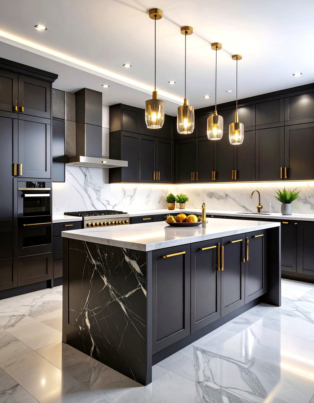 Glossy Black Cabinets with Gray Marble Countertops