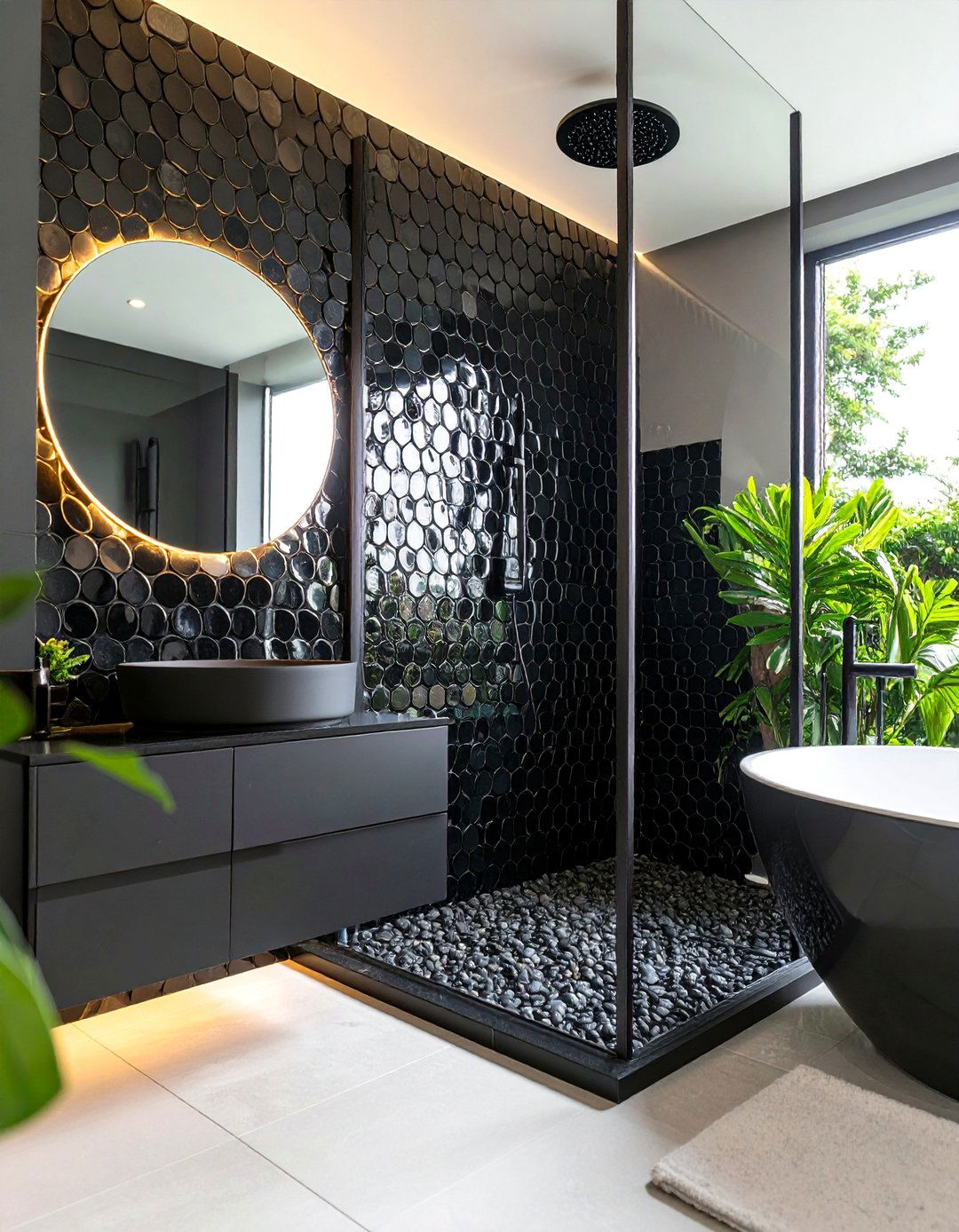 Glossy Black Penny Round Mosaics - 24 Black Tile Bathroom Ideas