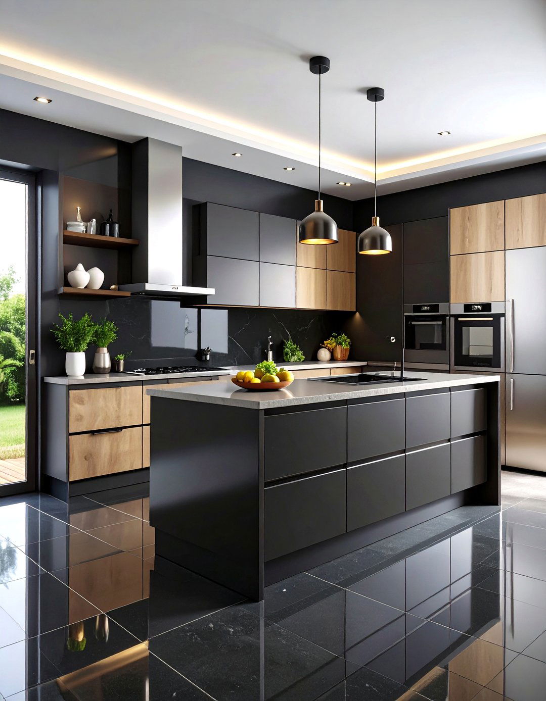 Glossy Black Porcelain Tiles - 24 Black Floor Kitchen Ideas
