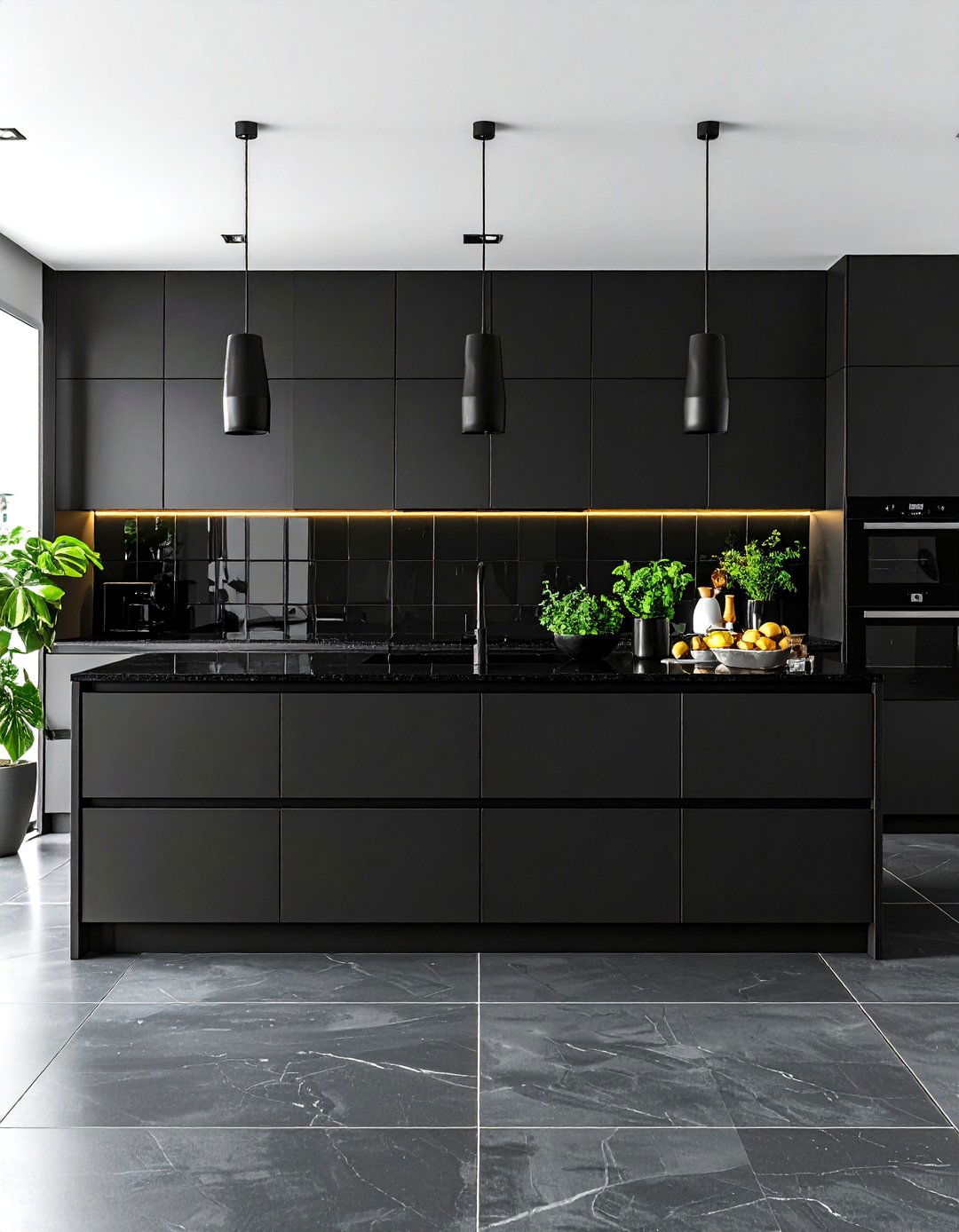 Glossy Black Tile Contrast - 24 White Cabinet Kitchen Backsplash Ideas