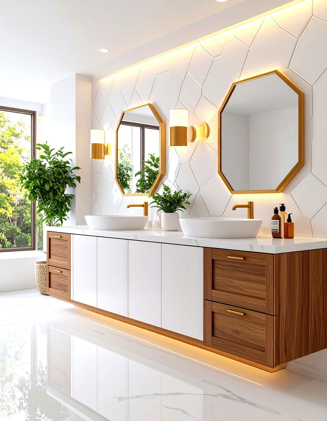 Glossy Ceramic Hexagon Backsplash Accents - 24 Hexagon Tiles Ideas for Bathrooms