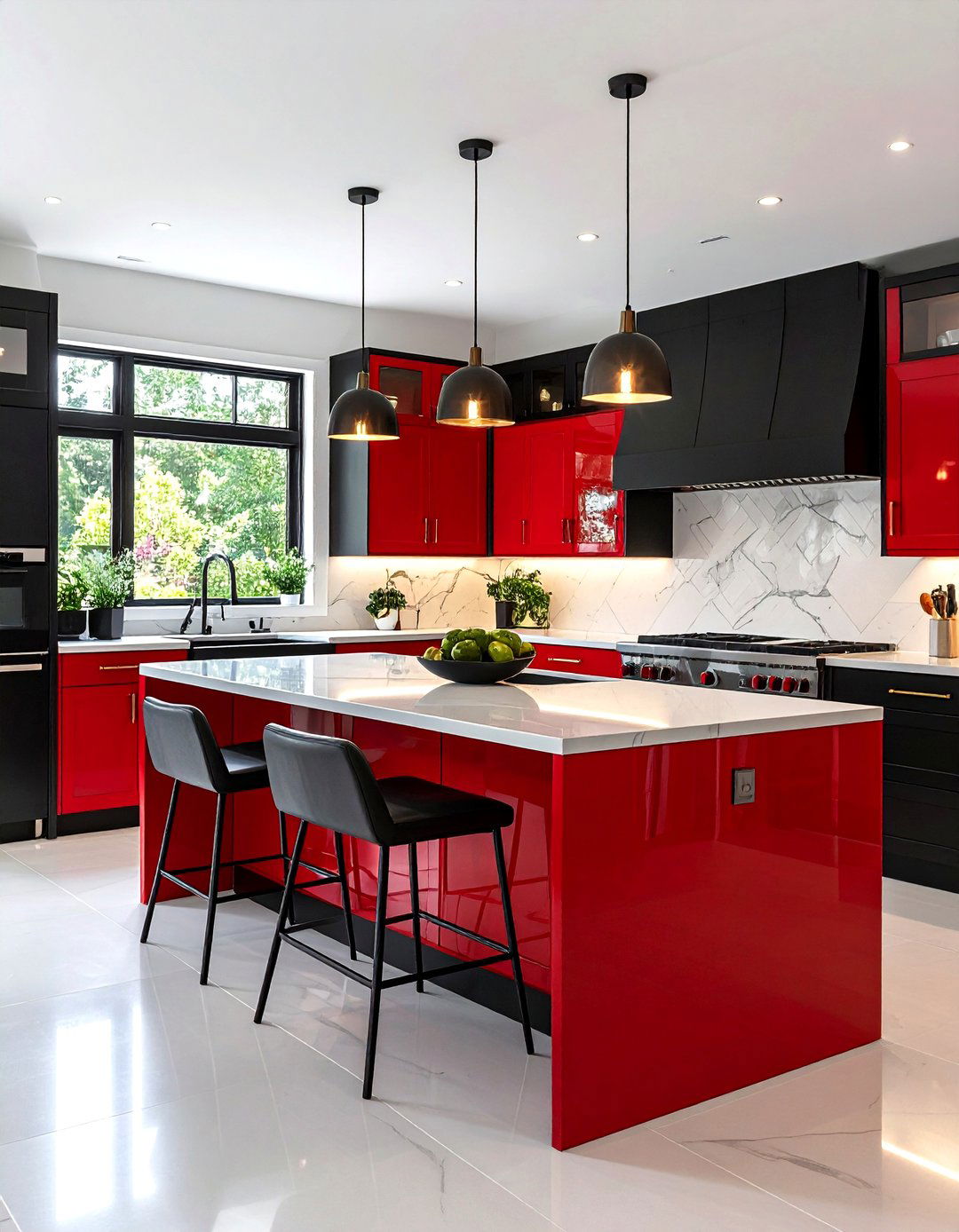 Glossy Red Island With Matte Black Perimeter - 24 red and black kitchen ideas