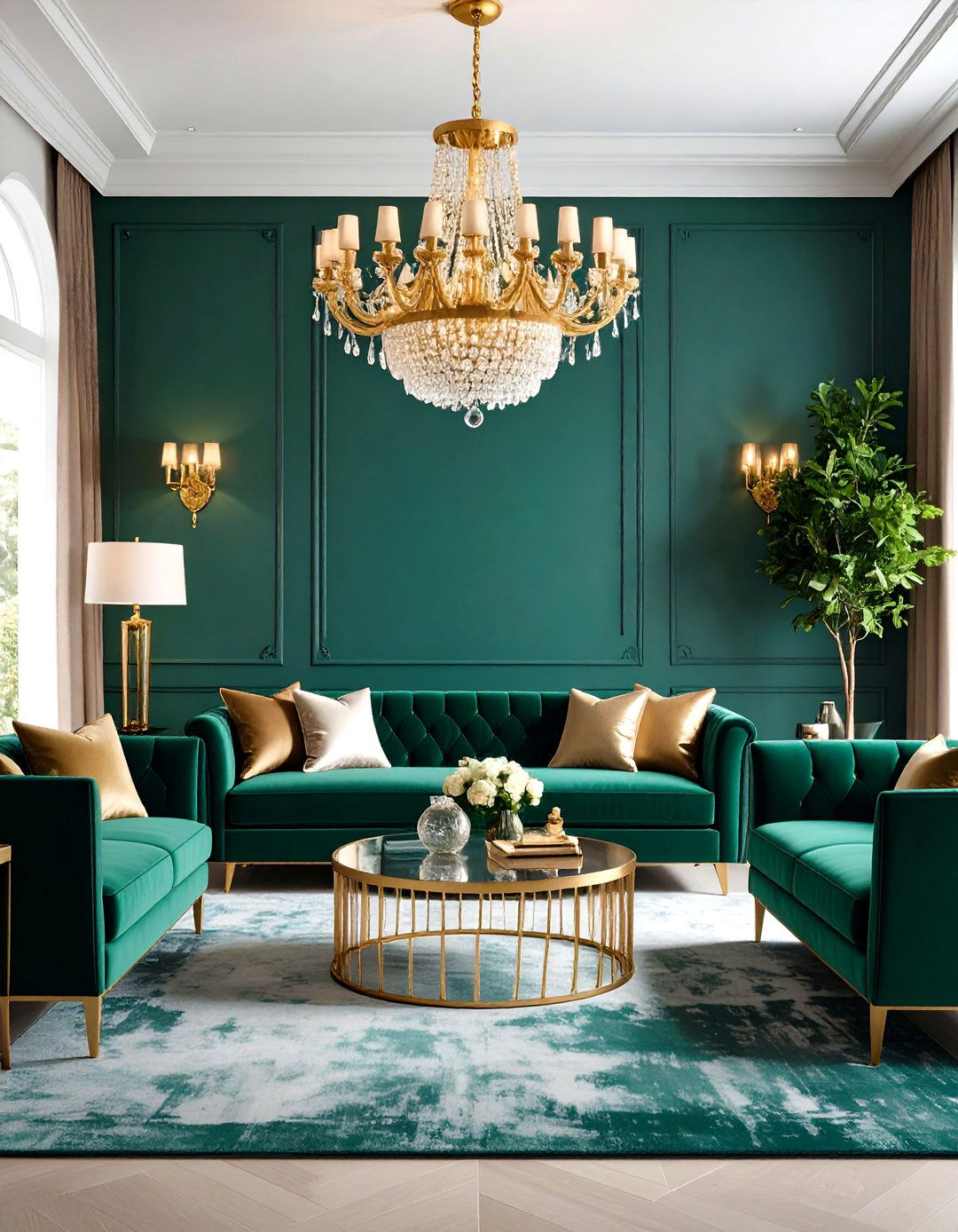 Gold Chandelier Over Emerald Green Seating Area - 24 Emerald Green and Gold Living Room Ideas