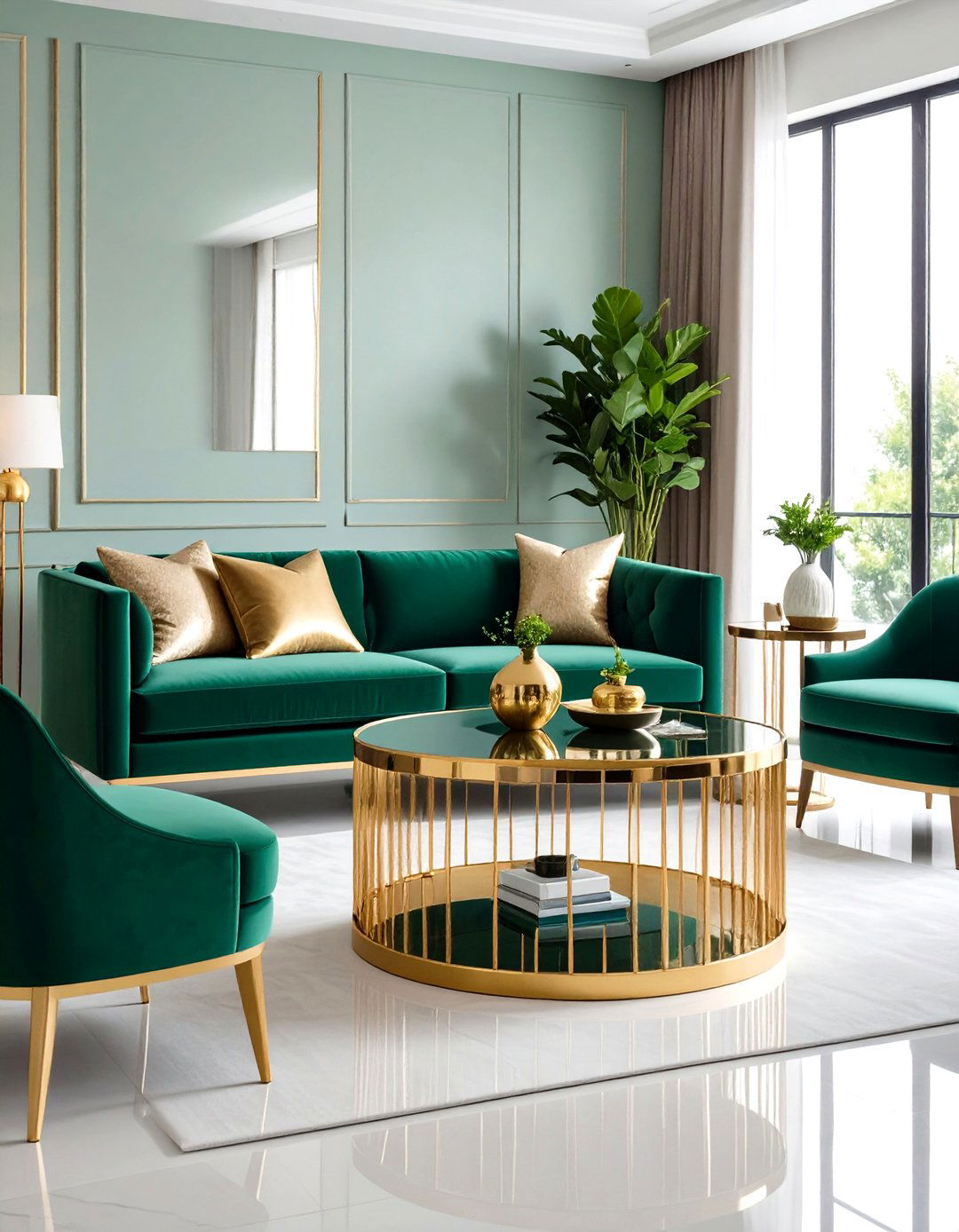 Gold Coffee Table with Emerald Green Accents - 24 Emerald Green and Gold Living Room Ideas