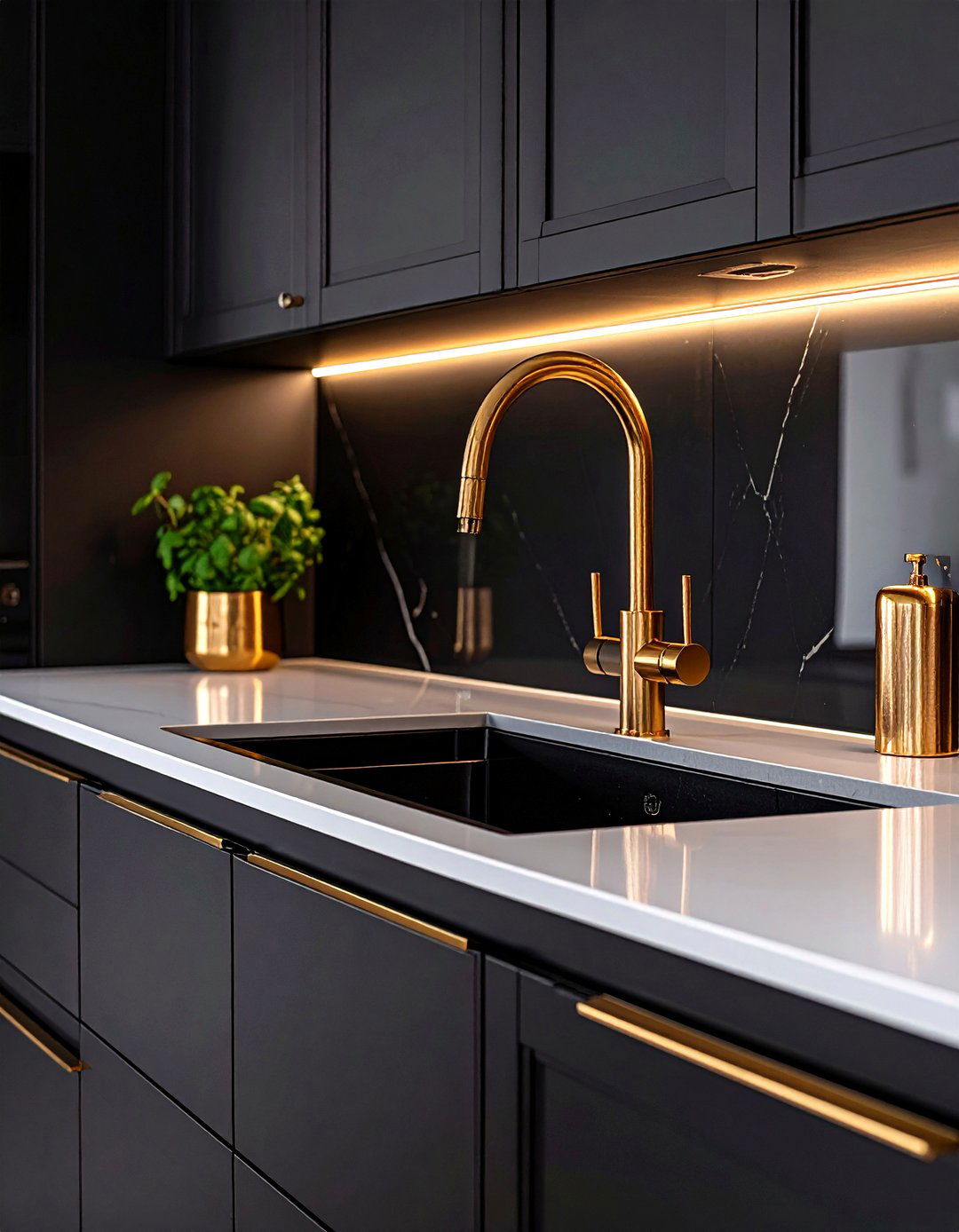 Gold Faucet and Sink Combinations with Black Cabinetry - 24 Black and Gold Kitchen Ideas