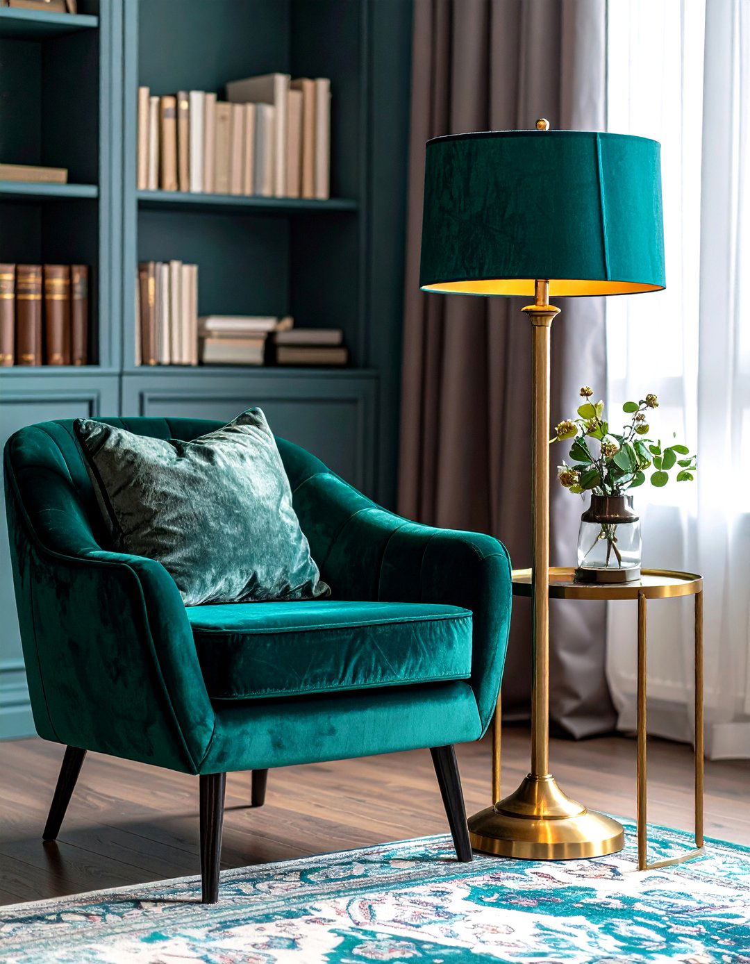 Gold Floor Lamp with Emerald Green Shade - 24 Emerald Green and Gold Living Room Ideas