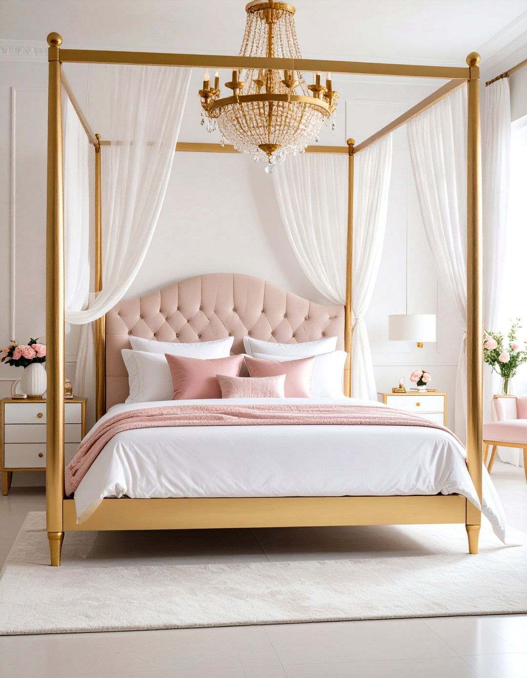 Gold Four Poster Bed with Pink Accessories - 24 Pink and Gold Bedroom Ideas