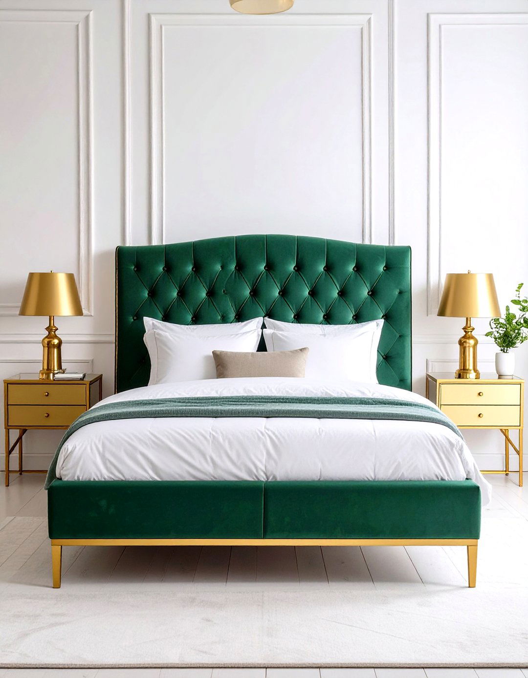 Gold Framed Emerald Green Upholstered Headboard - 24 Emerald Green and Gold Bedroom Ideas