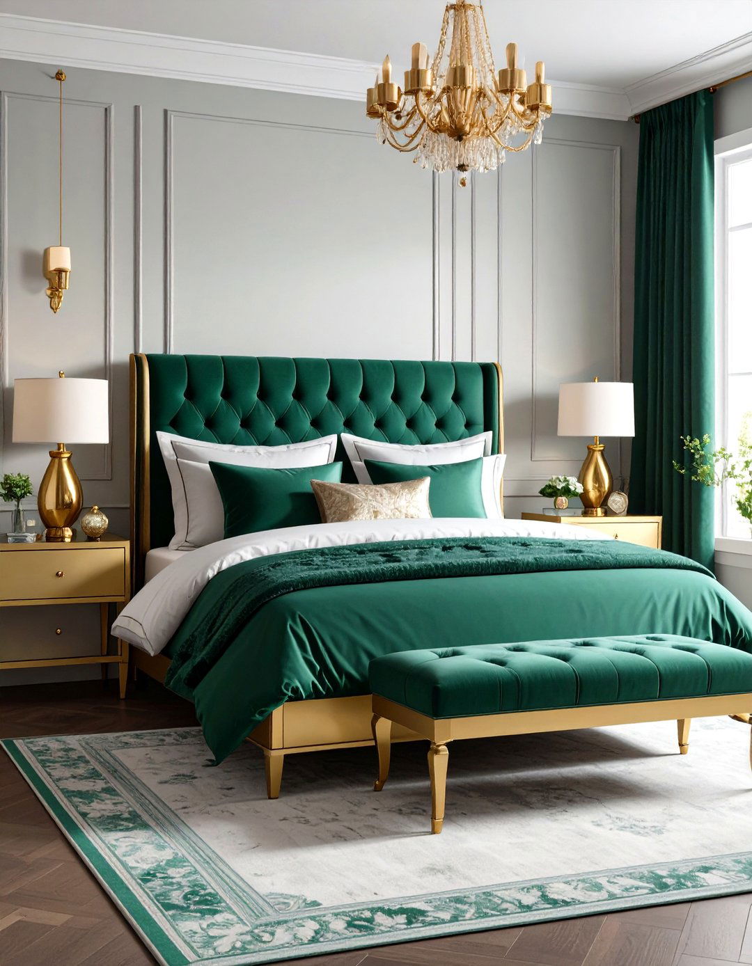 Gold Furniture with Emerald Green Textile Accents - 24 Emerald Green and Gold Bedroom Ideas
