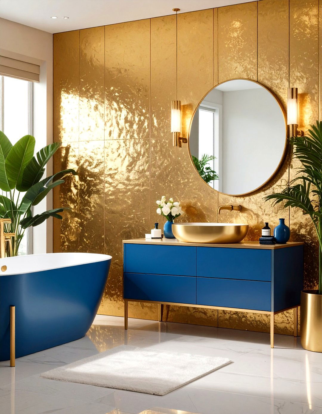 Gold Leaf Accent Wall Opulence - 24 Blue and Gold Bathroom Ideas