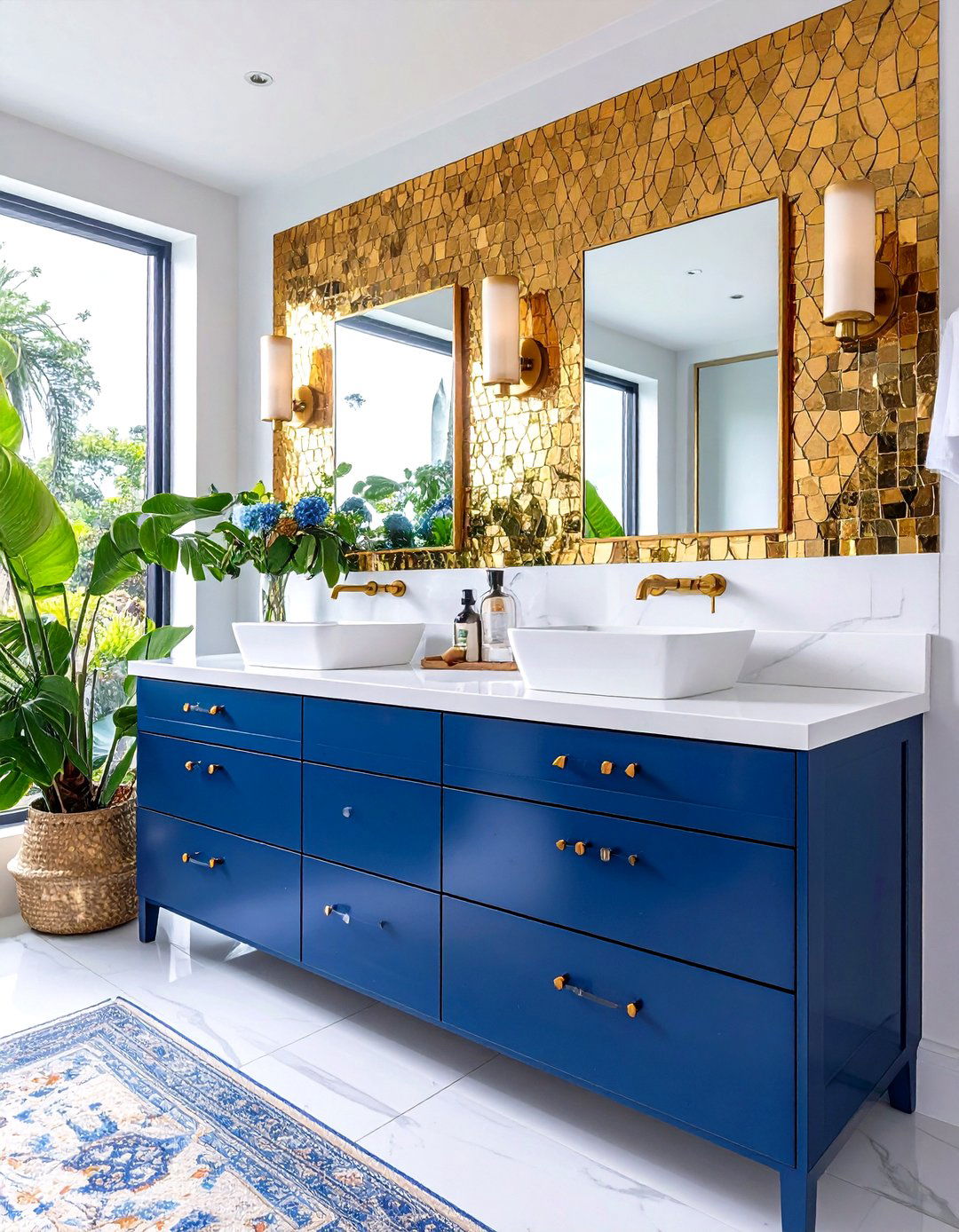 Gold Mosaic Tile Backsplash Elegance - 24 Blue and Gold Bathroom Ideas