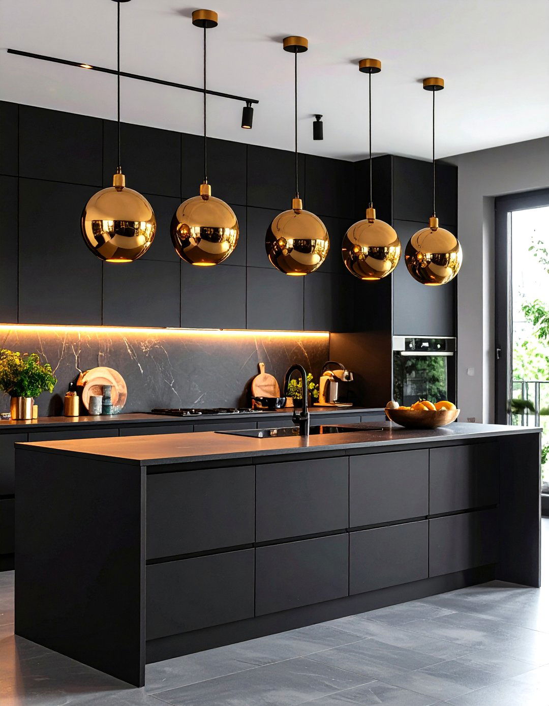 Gold Pendant Lighting Over Black Kitchen Islands - 24 Black and Gold Kitchen Ideas