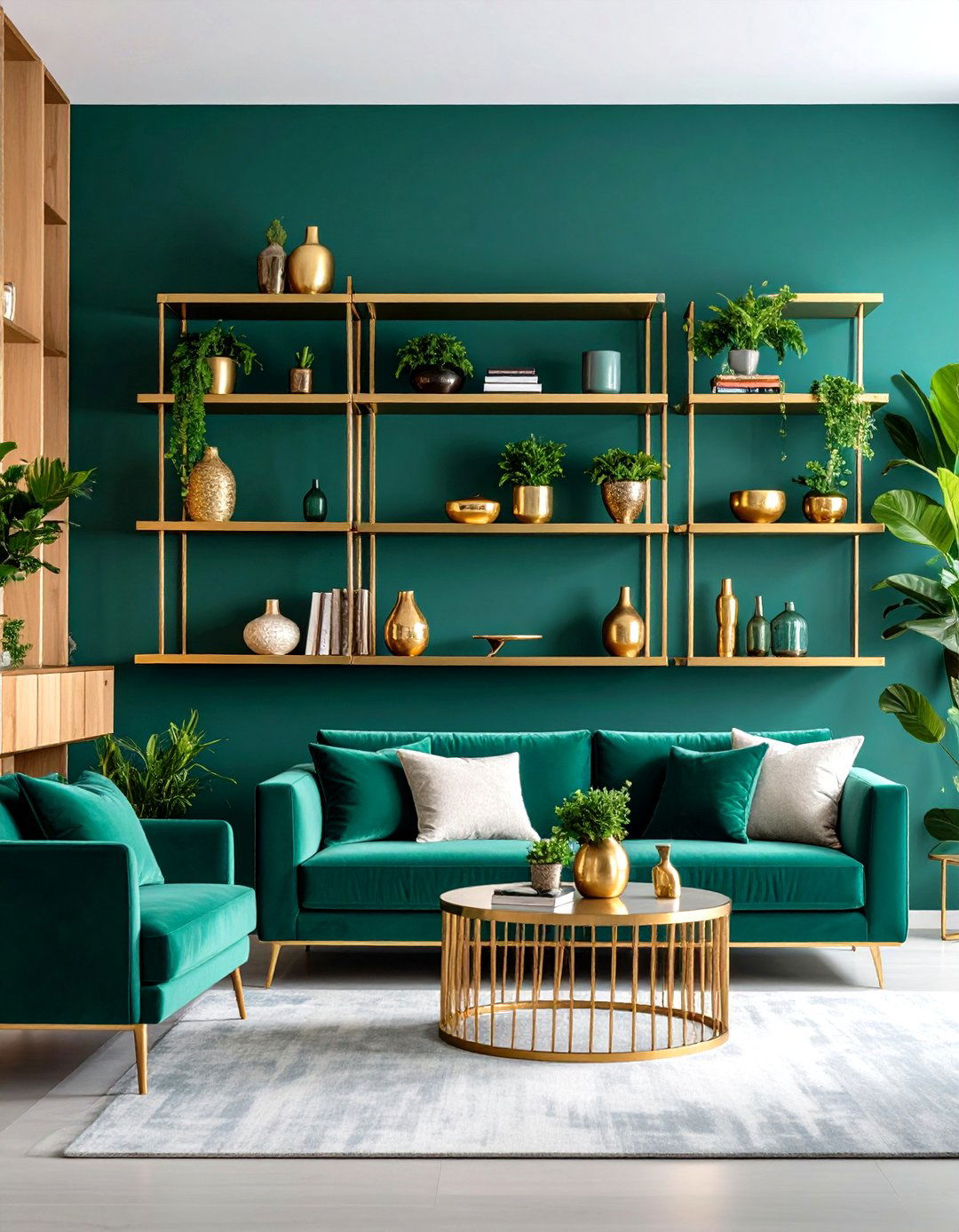 Gold Picture Ledges with Emerald Green Art - 24 Emerald Green and Gold Living Room Ideas