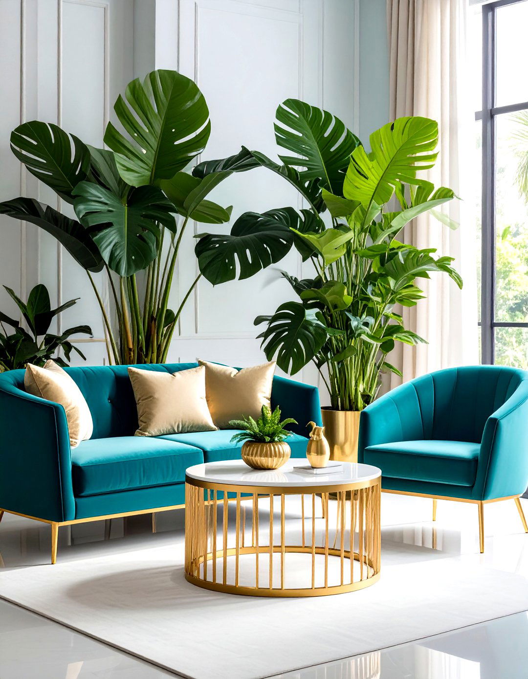 Gold Plant Stands with Emerald Green Foliage - 24 Emerald Green and Gold Living Room Ideas