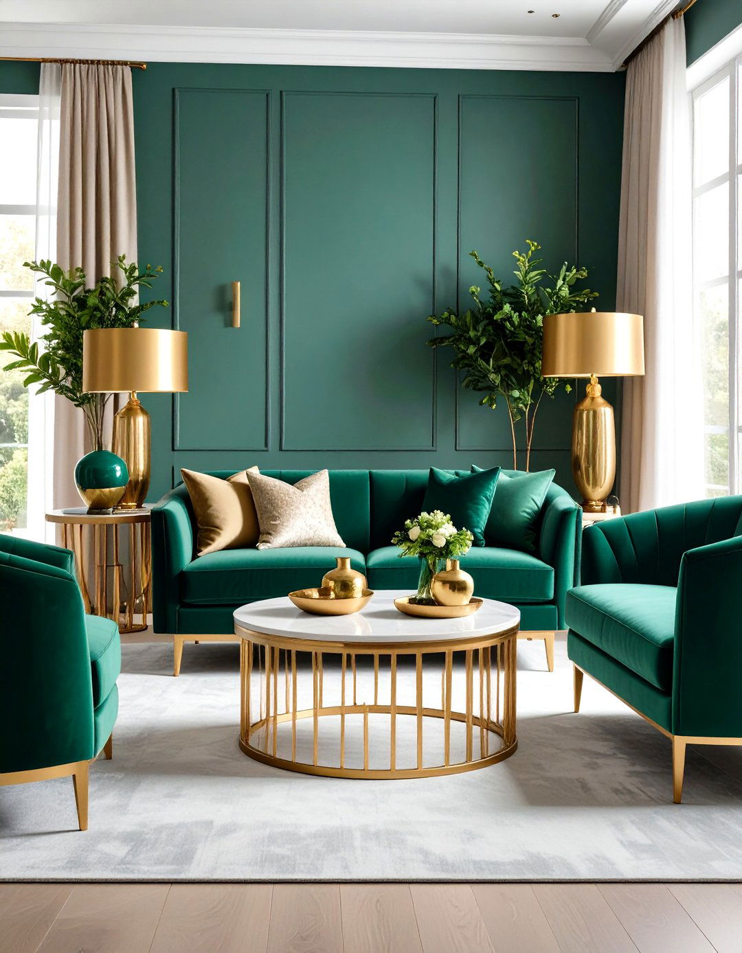 Gold Side Tables with Emerald Green Table Lamps - 24 Emerald Green and Gold Living Room Ideas