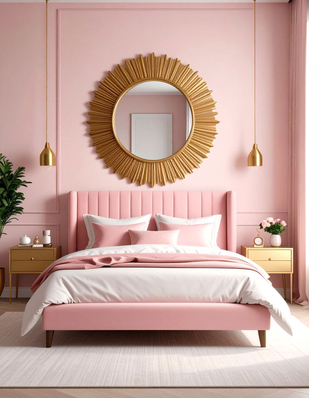 Gold Sunburst Mirror Above Pink Headboard - 24 Pink and Gold Bedroom Ideas