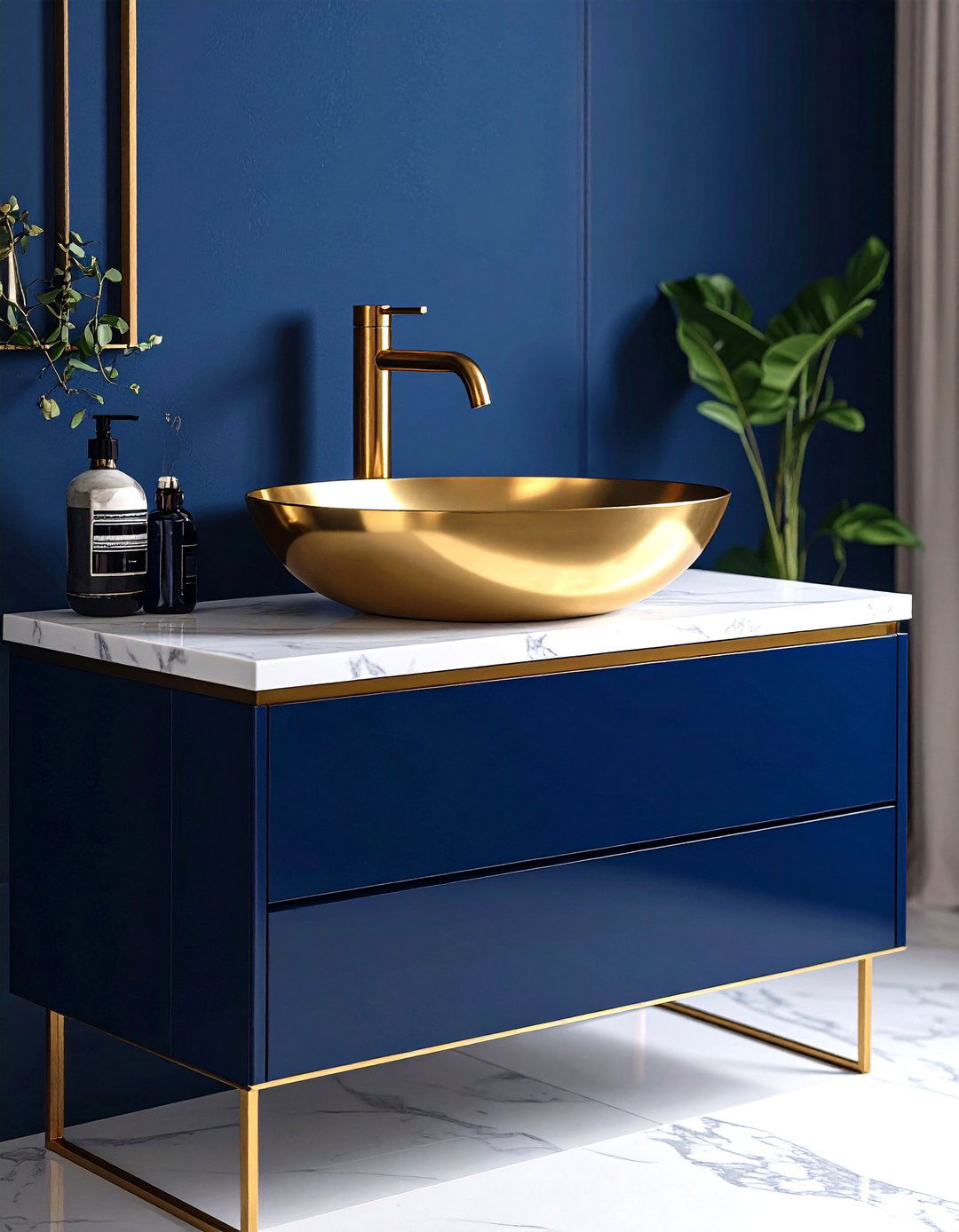 Gold Vessel Sink Blue Vanity Contrast - 24 Blue and Gold Bathroom Ideas
