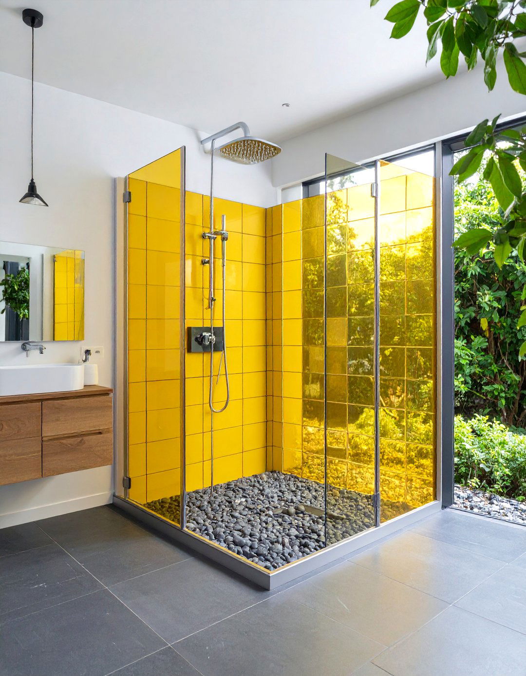 Golden Yellow Glass Block Shower - 24 Yellow Bathroom Ideas