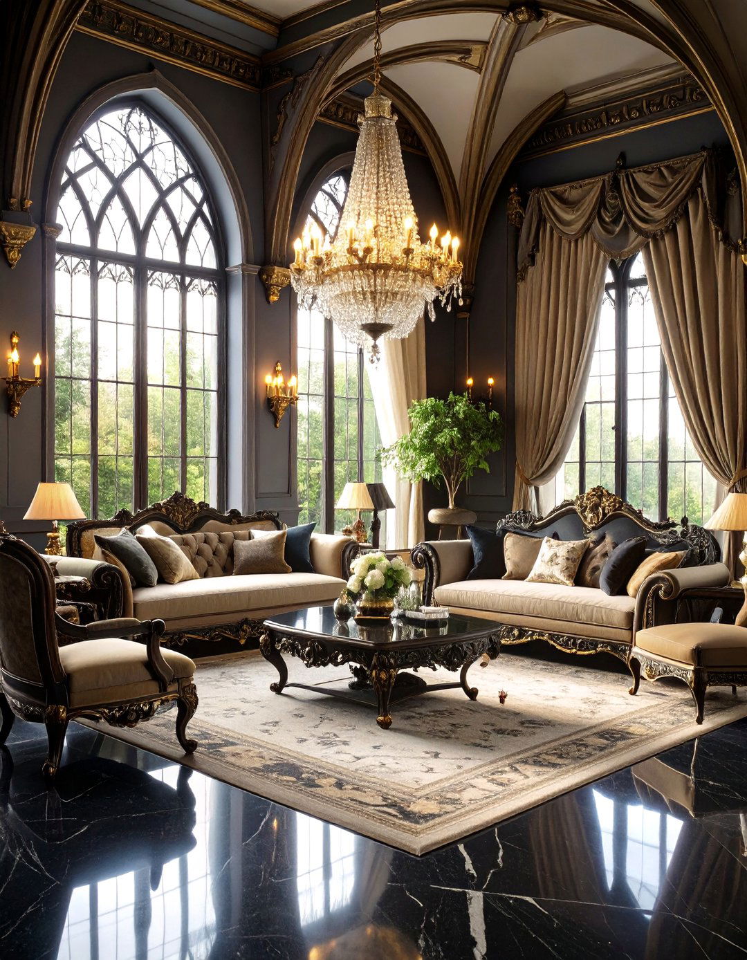 Gothic Revival Black Stone Floors - 24 Black Floor Living Room Ideas
