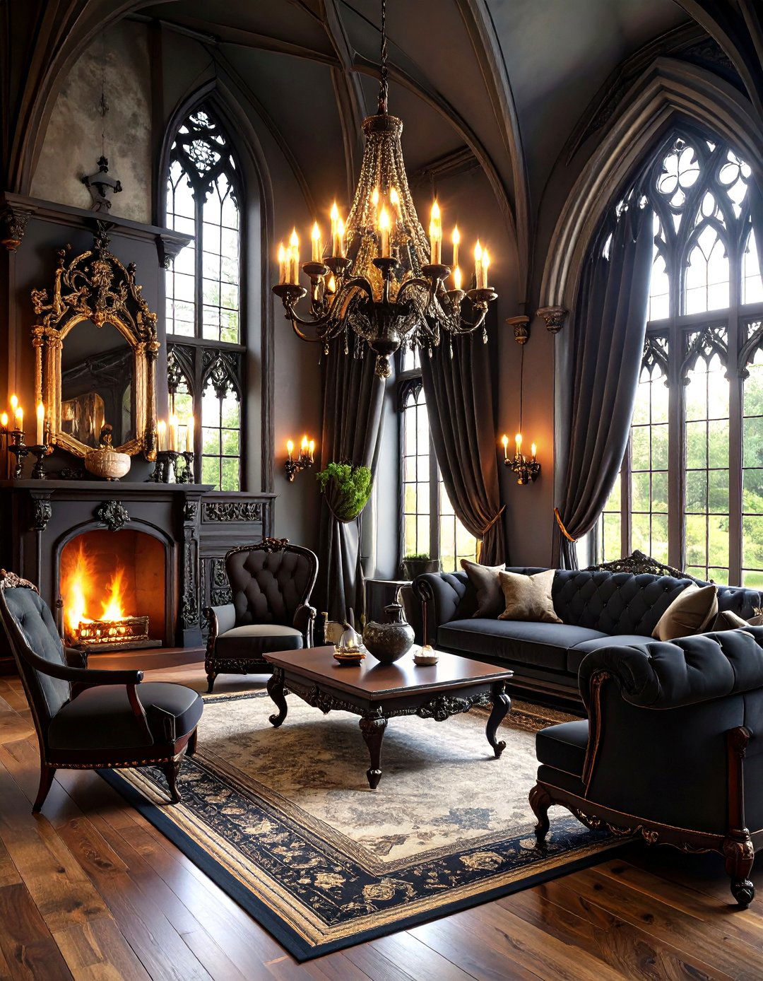Gothic Revival Black Velvet and Dark Walnut Drama - 24 Black and Brown Living Room Ideas