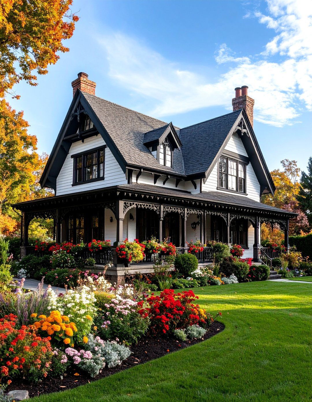 Gothic Revival Cottage White Clapboard with Black Gingerbread Trim - 24 Black and White House Exterior Ideas