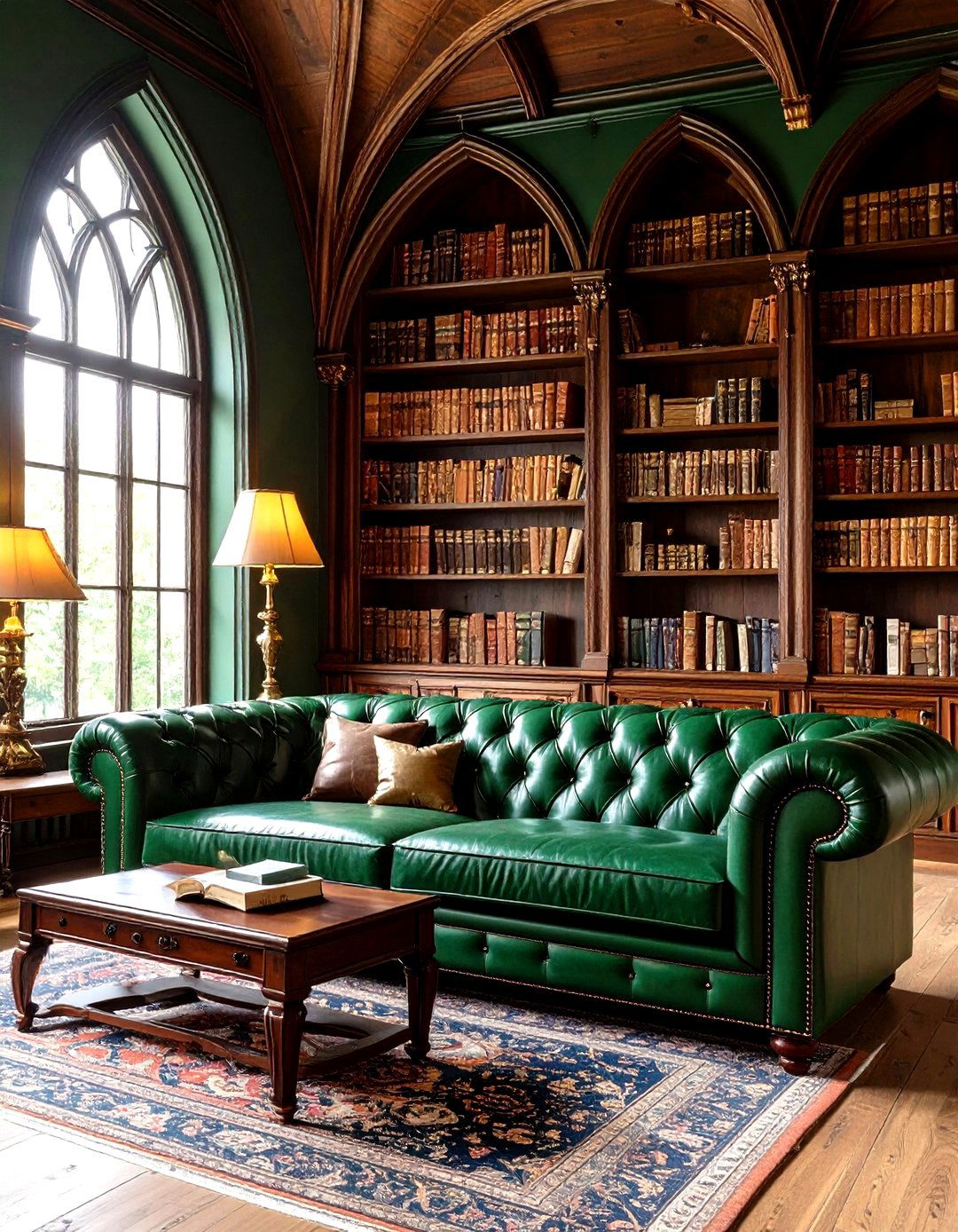 Gothic Revival Dark Green Library Corner - 24 Victorian Dark Green Living Room Ideas